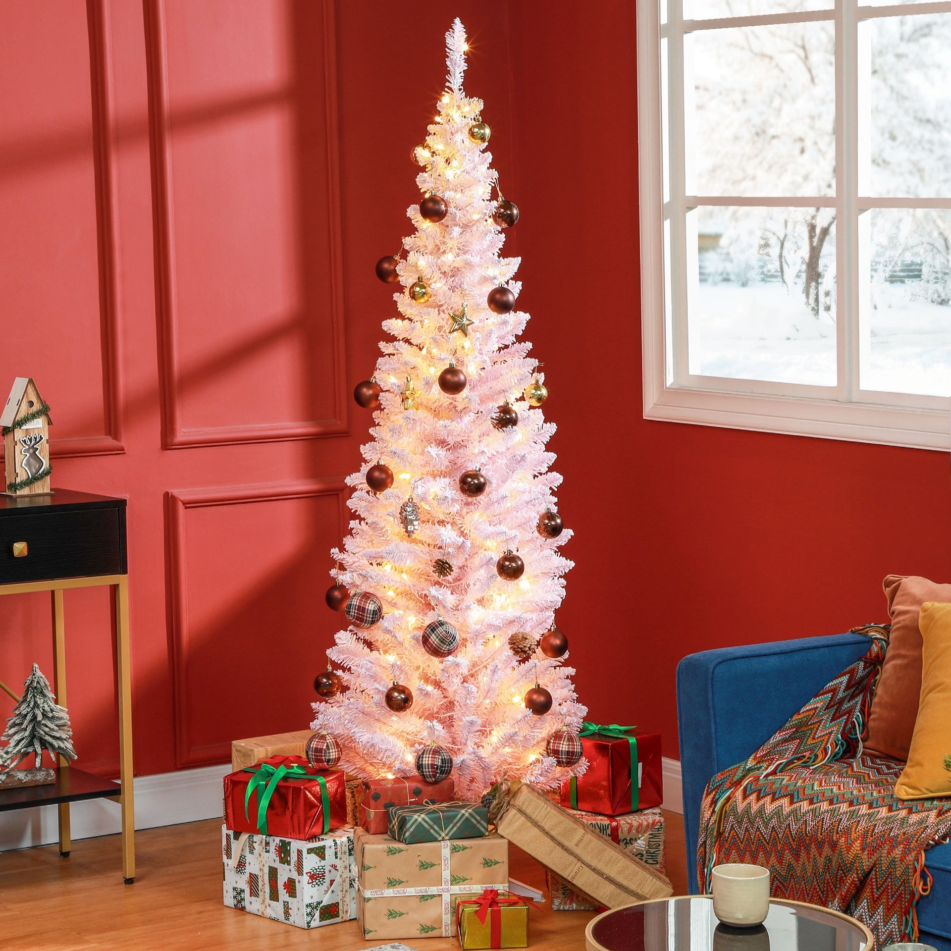 HOMCOM 6ft Pencil Christmas Tree, Slim Artificial Christmas Tree with Realistic Branches and Warm White LED Lights, Pink