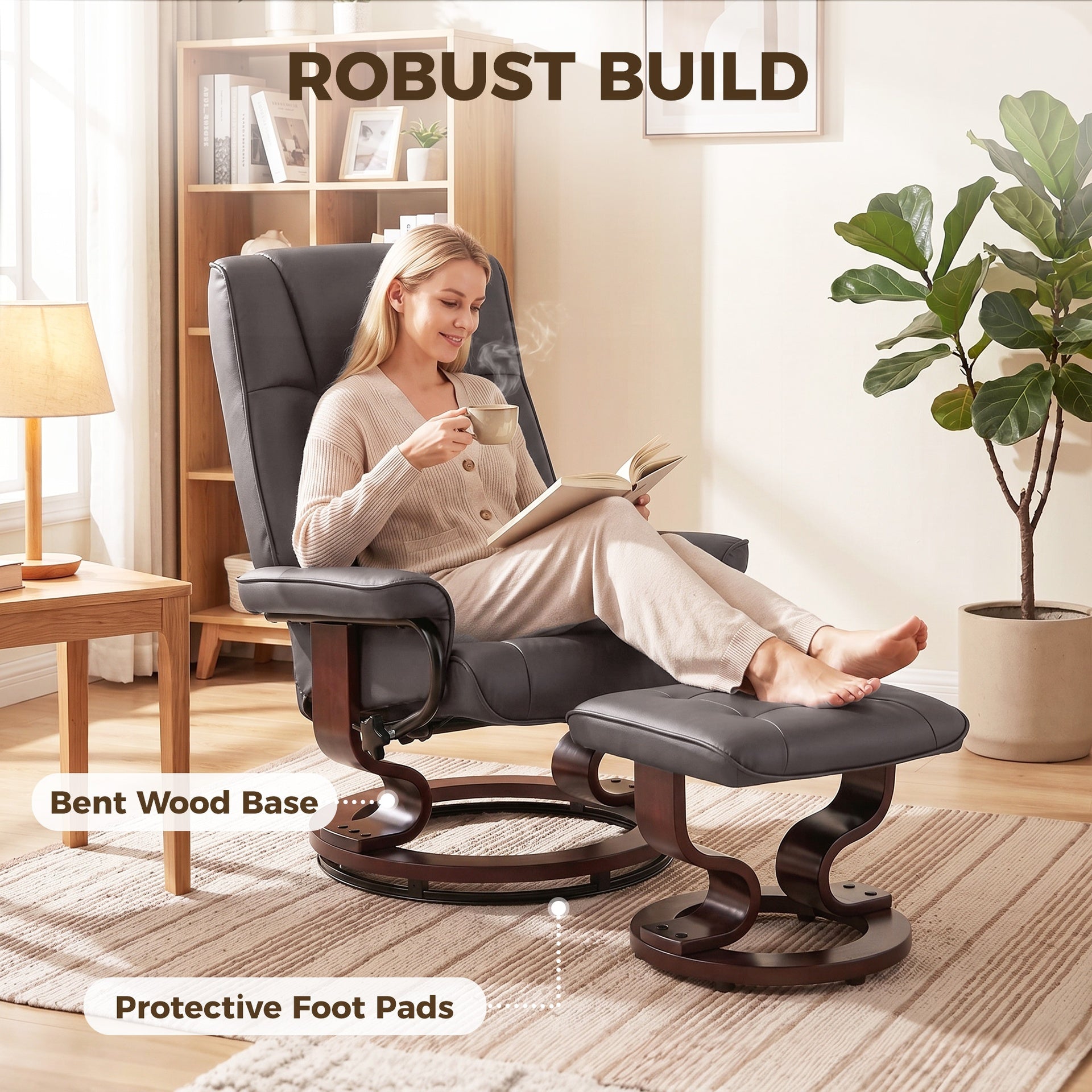 HOMCOM Faux Leather Reclining Chair with Ottoman, Manual Recliner with Tufted Back and Wood Frame for Living Room, Brown