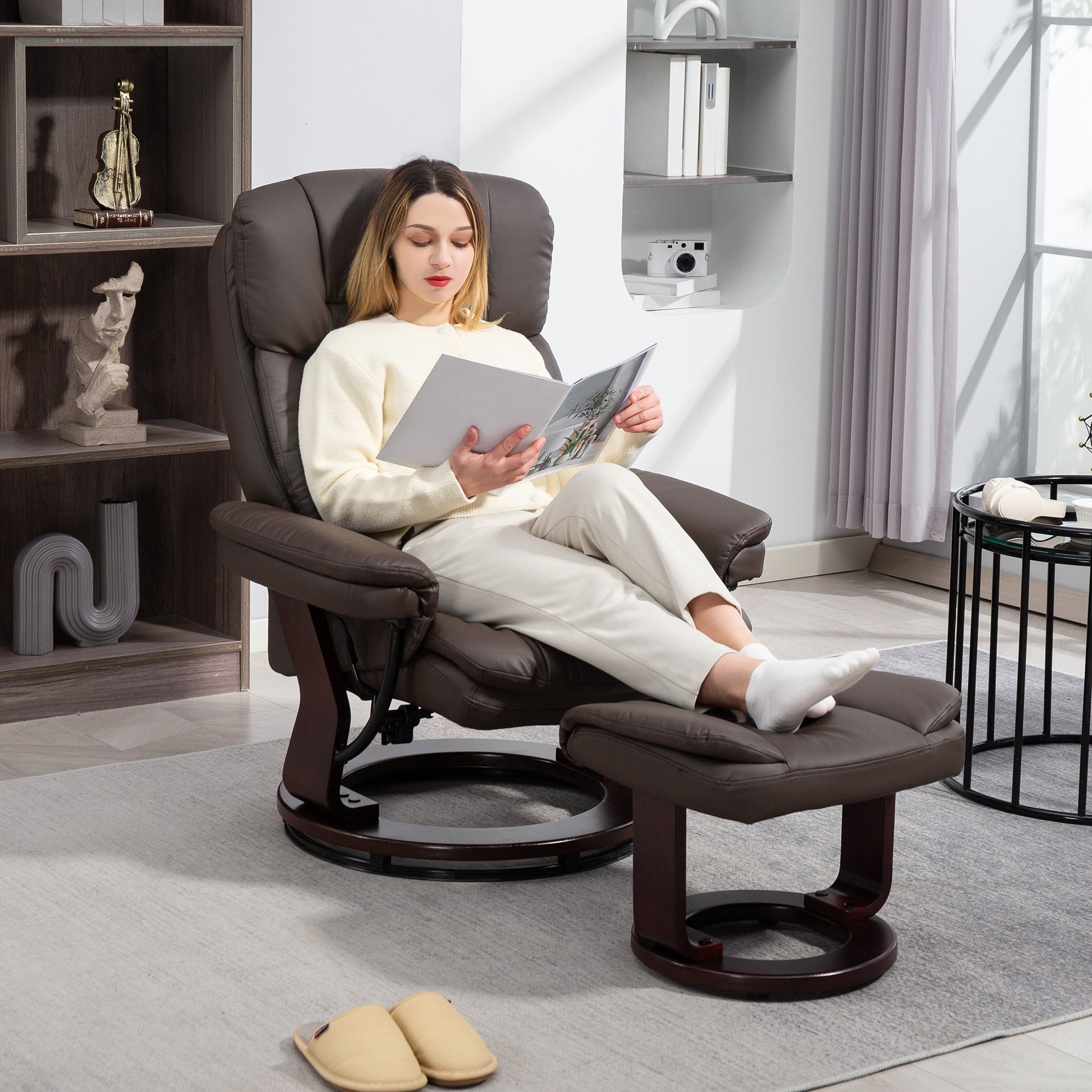 HOMCOM Swivel Recliner with Ottoman, PU Leather Reclining Chair with Footrest, for Living Room, Bedroom, Dark Brown