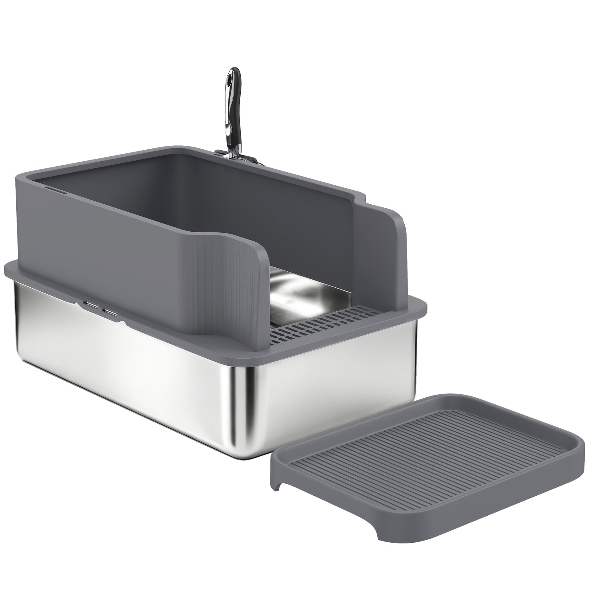 PawHut Stainless Steel Sifting Litter Box for Pine Pellets, Large Metal Litter Box with Sifter Tray, Metal Scoop, 10 Pee Pads