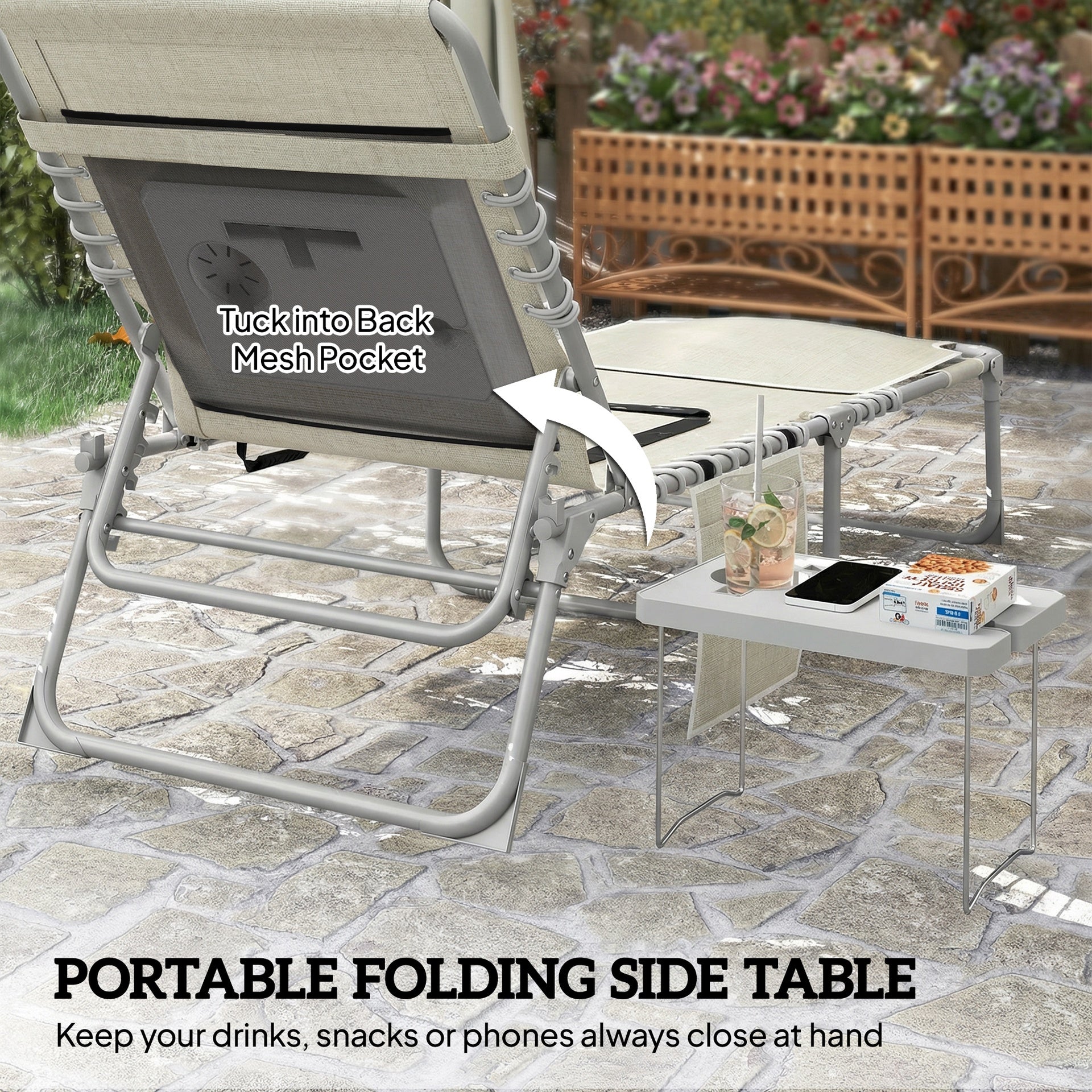 Outsunny Tanning Chair Set of 2 with Face Hole and Side Table, 5-Position Folding Outdoor Chaise Lounge Chair, Beige
