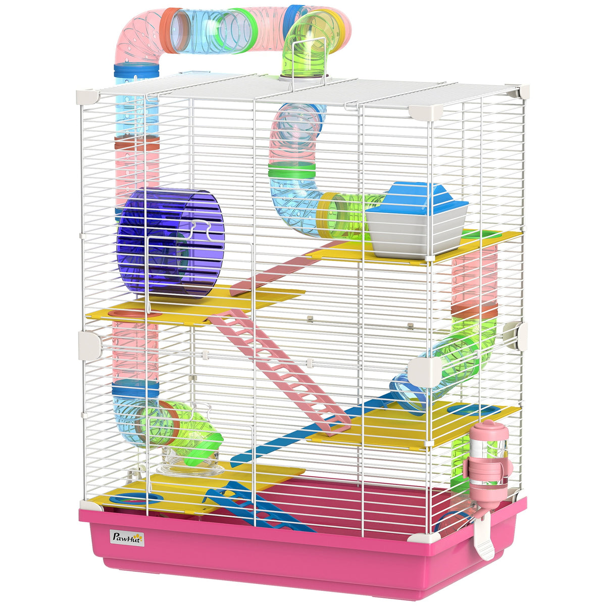 PawHut 5 Tiers Hamster Cage Portable Animal Travel Carrier w/ Exercise Wheels Tube, Pink