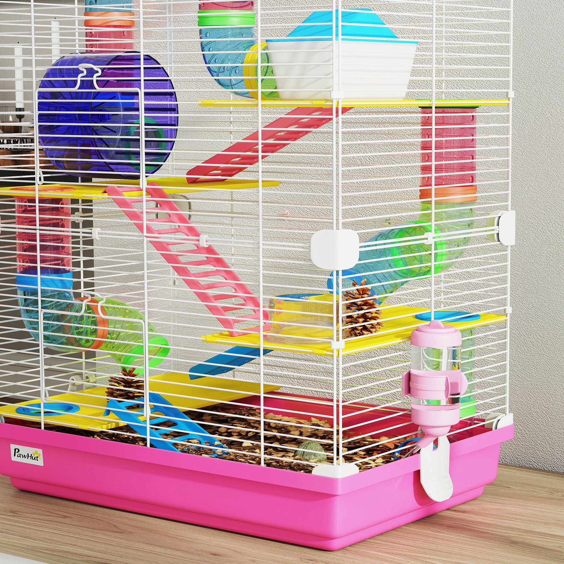 PawHut 5 Tiers Hamster Cage Portable Animal Travel Carrier w/ Exercise Wheels Tube, Pink