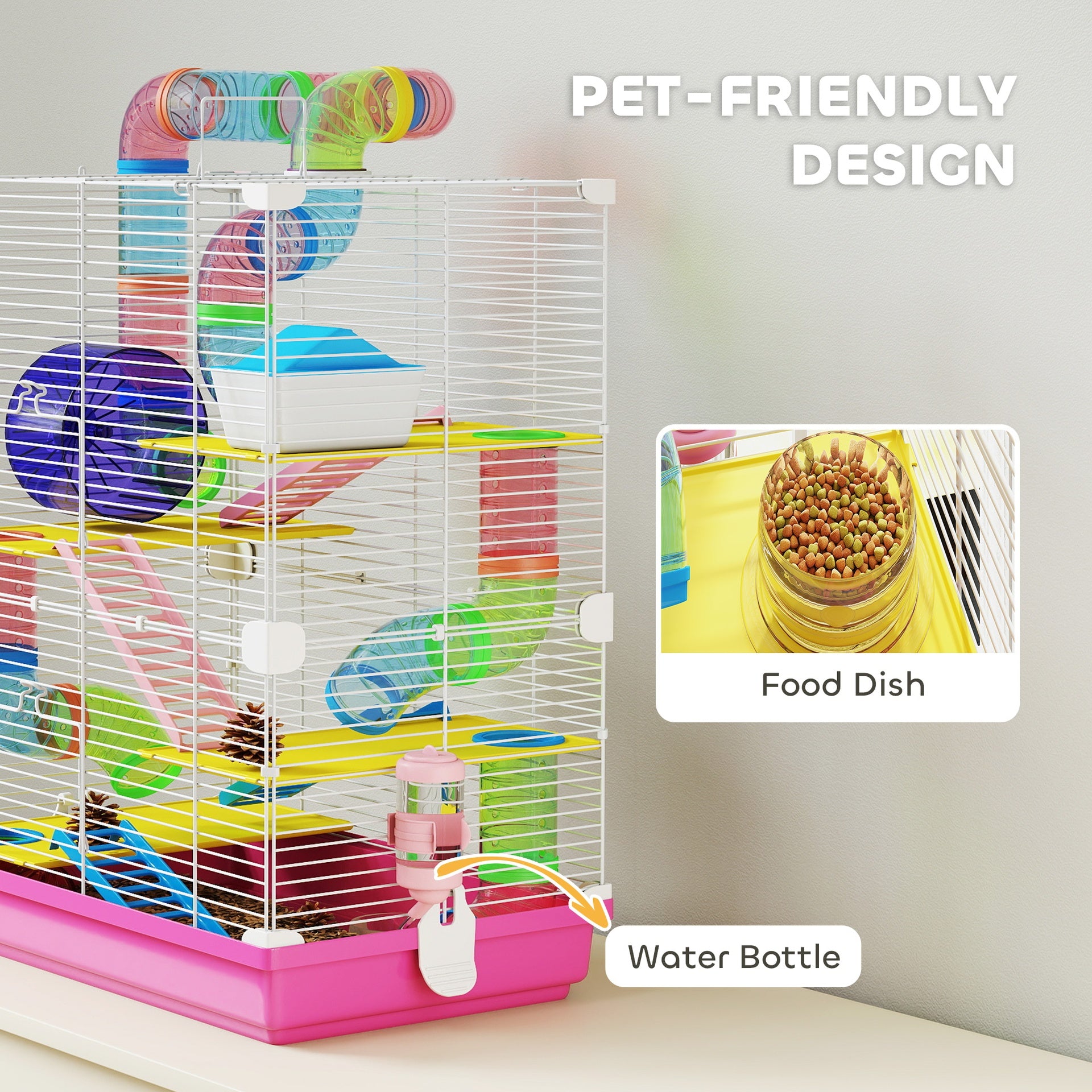 PawHut 5 Tiers Hamster Cage Portable Animal Travel Carrier w/ Exercise Wheels Tube, Pink