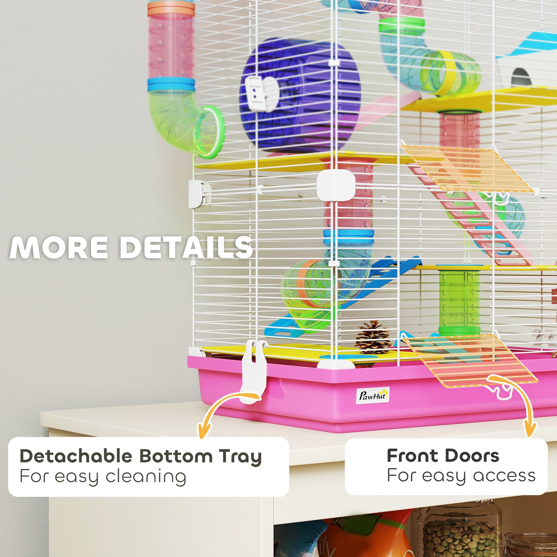 PawHut 5 Tiers Hamster Cage Portable Animal Travel Carrier w/ Exercise Wheels Tube, Pink