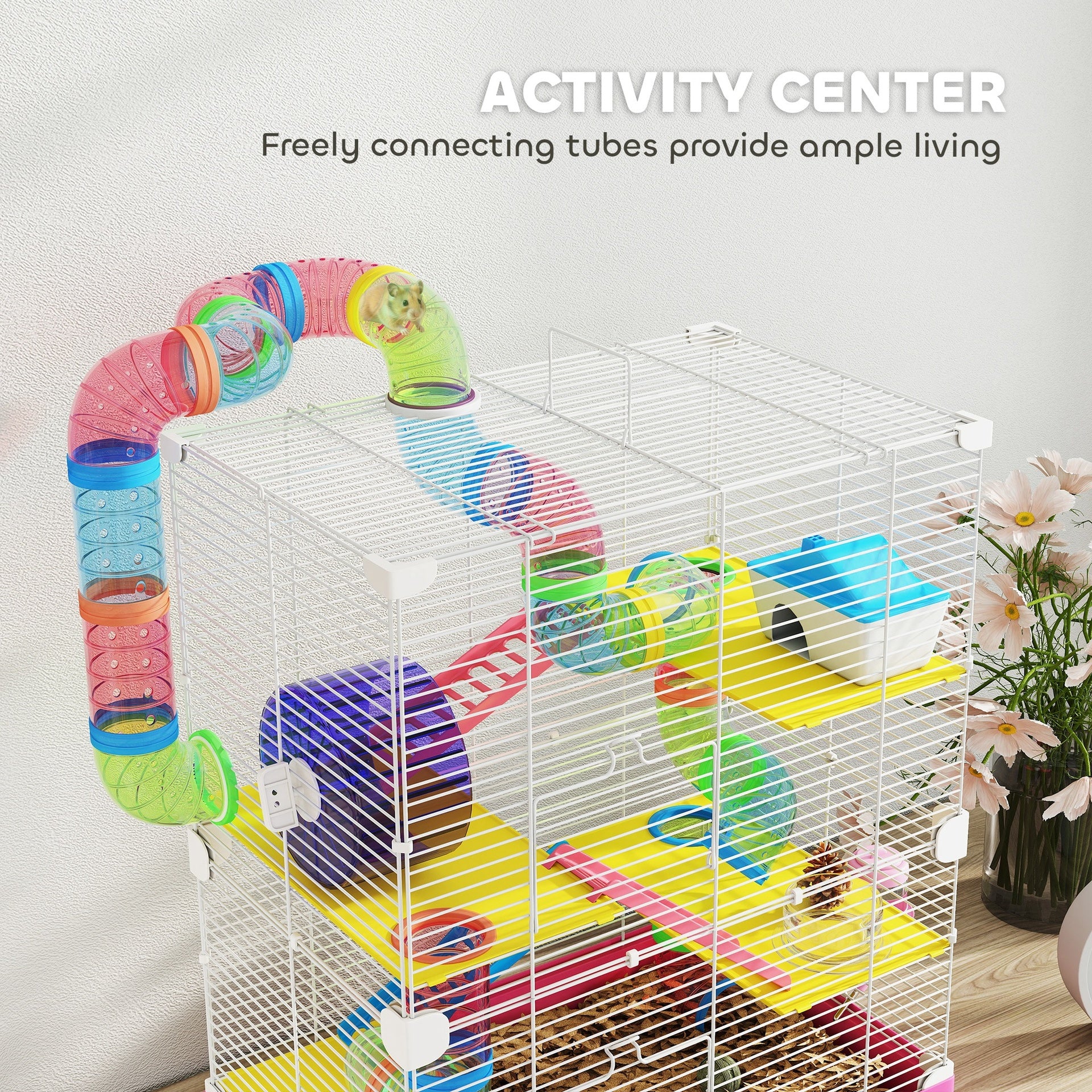 PawHut 5 Tiers Hamster Cage Portable Animal Travel Carrier w/ Exercise Wheels Tube, Pink