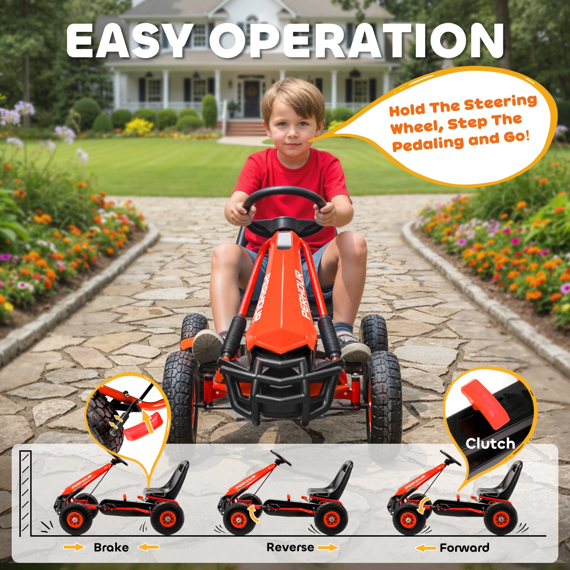 Qaba Kids Go Kart, Pedal Car with Adjustable Seat, EVA Wheels, Brake, for Boys & Girls Aged 3-8 Years Old, Red
