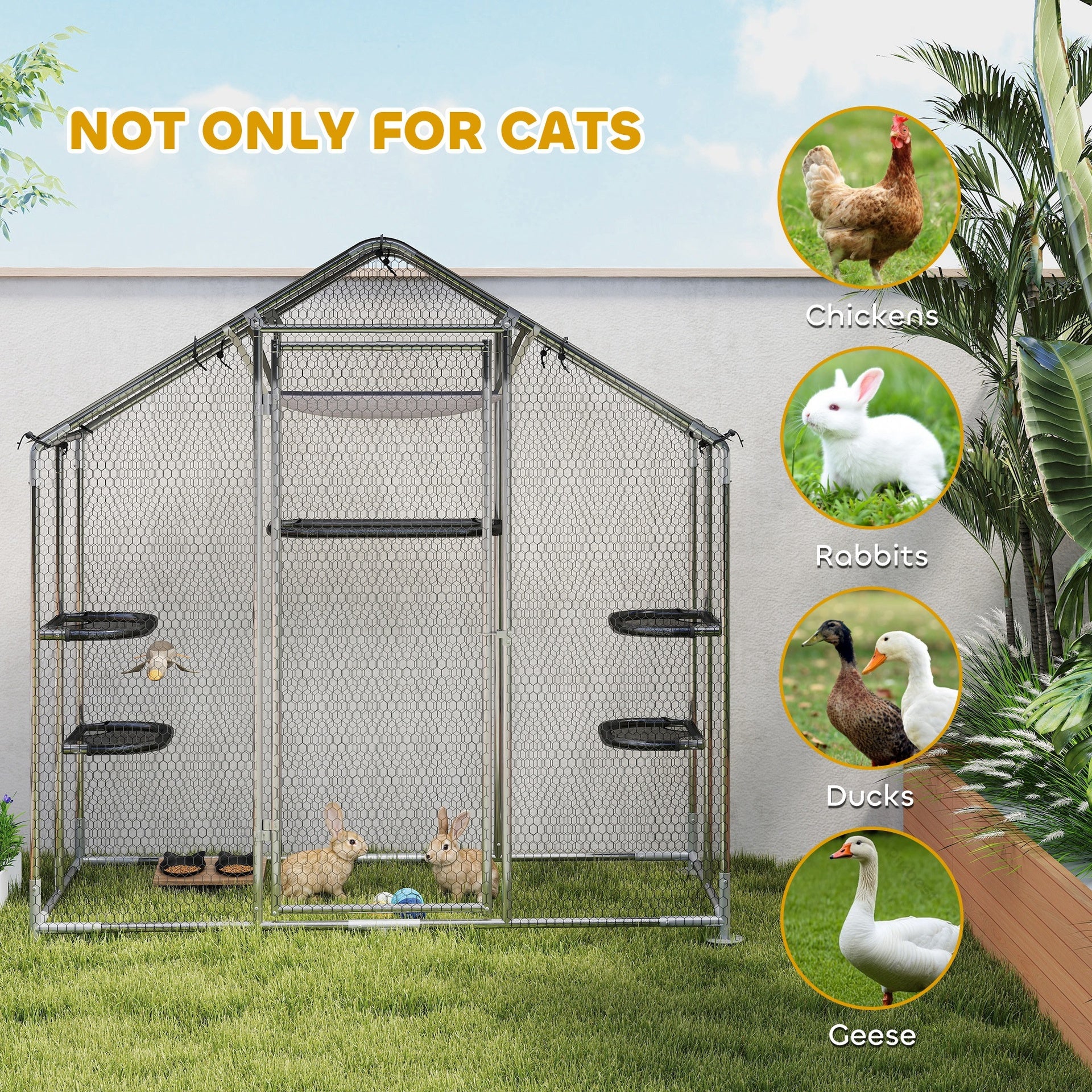 PawHut Large Catio Outdoor Cat Enclosure with Waterproof Cover, Walk-in Cat Patio w/ 5 Adjustable Platforms & Hammock