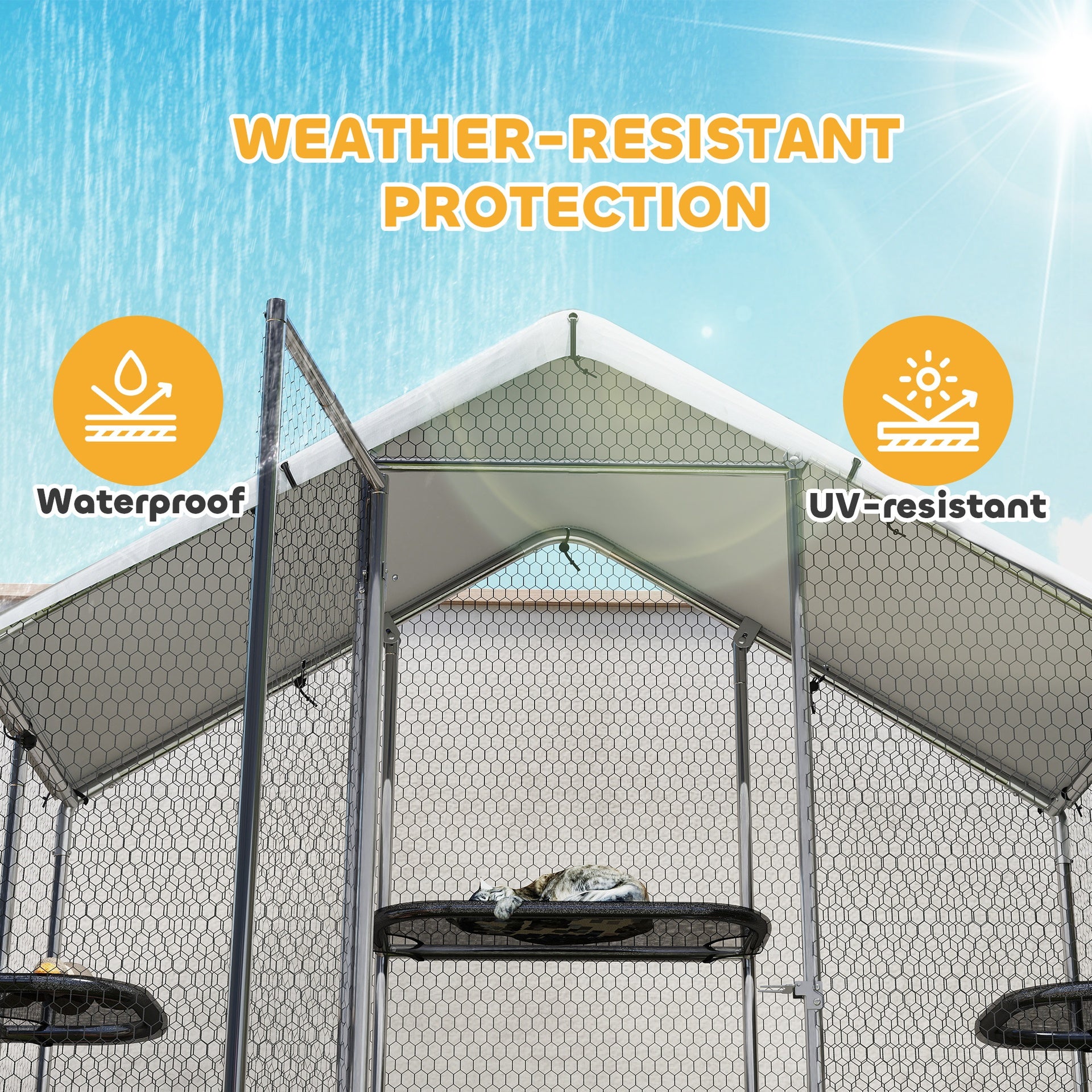 PawHut Large Catio Outdoor Cat Enclosure with Waterproof Cover, Walk-in Cat Patio w/ 5 Adjustable Platforms & Hammock