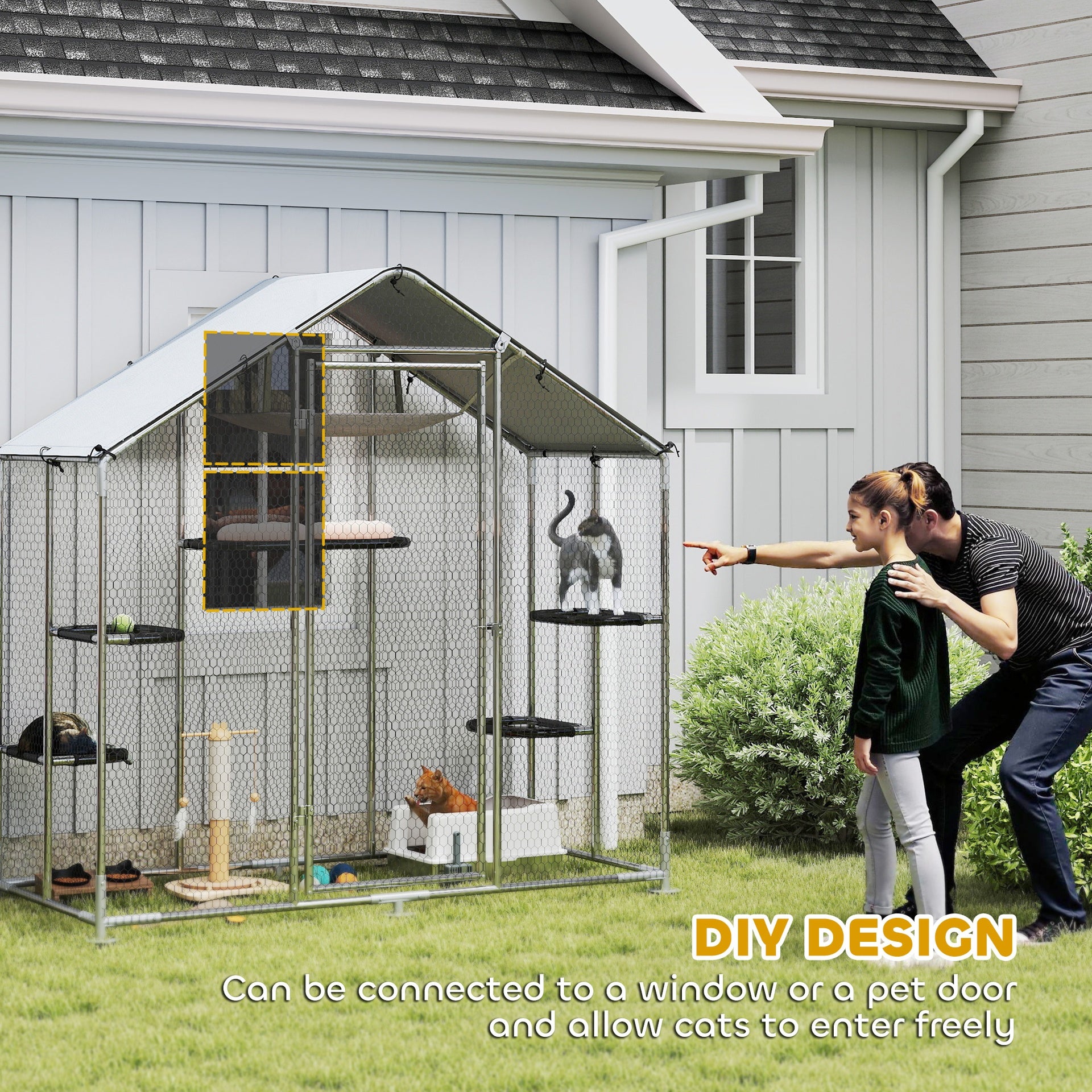 PawHut Large Catio Outdoor Cat Enclosure with Waterproof Cover, Walk-in Cat Patio w/ 5 Adjustable Platforms & Hammock