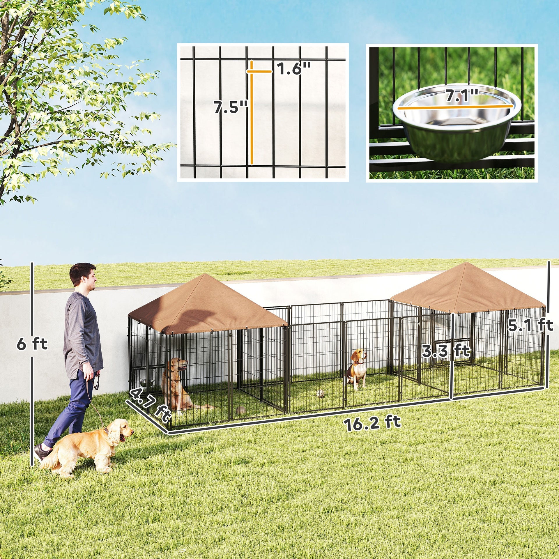 PawHut Large Outdoor Dog Kennel with 2 Rooms, Rotating & Adjustable Height Bowls, Waterproof & UV-Resistant Canopy