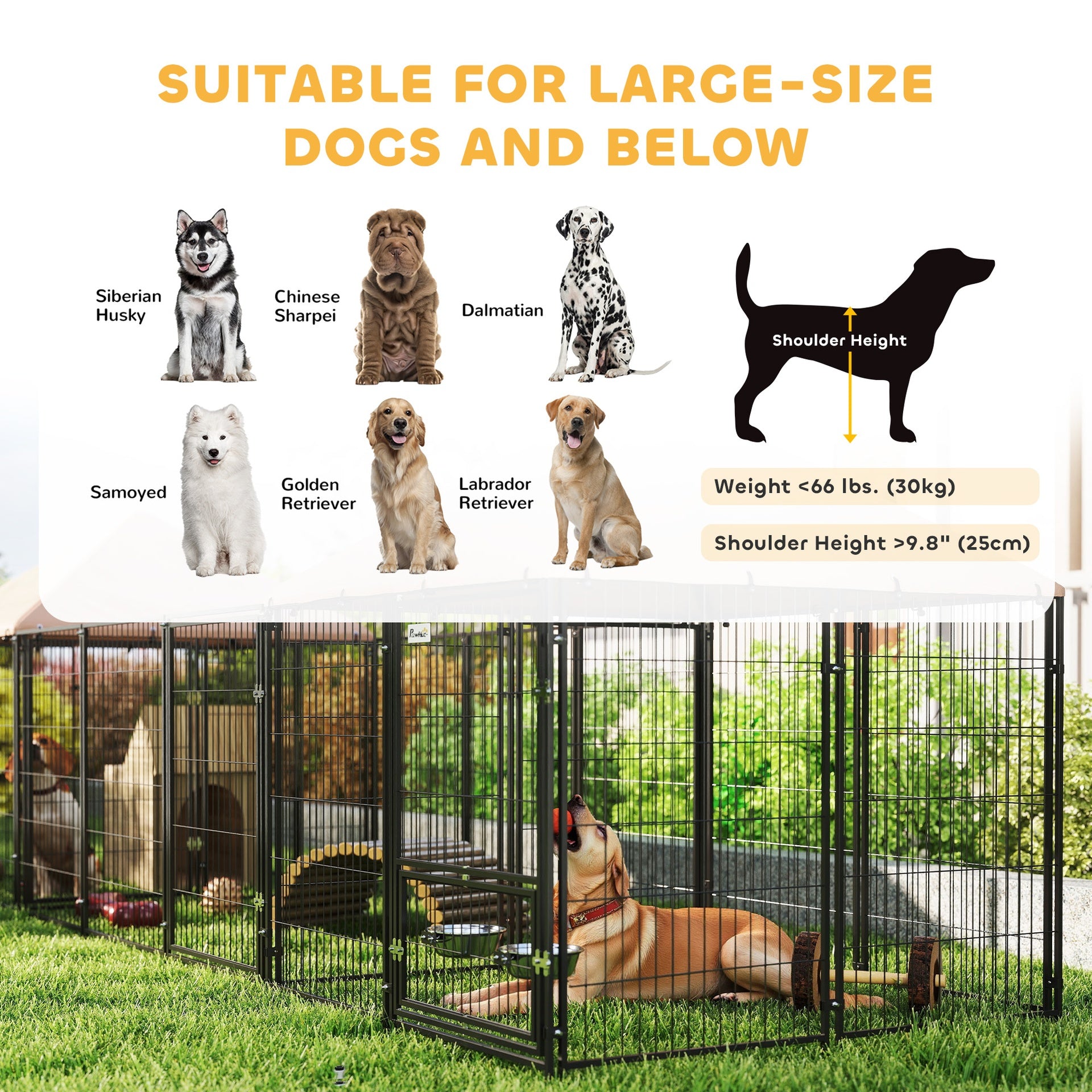 PawHut Large Outdoor Dog Kennel with 2 Rooms, Rotating & Adjustable Height Bowls, Waterproof & UV-Resistant Canopy