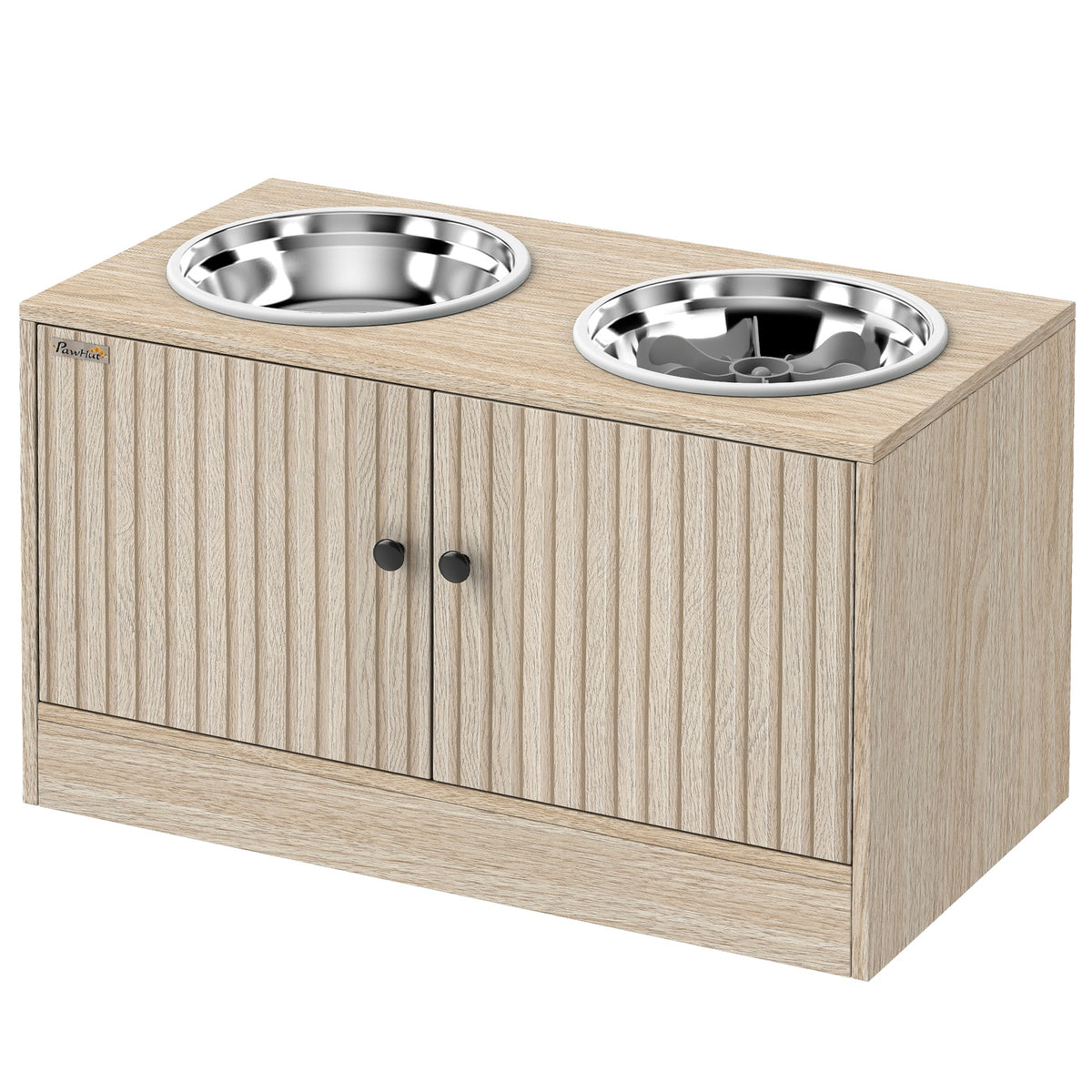 PawHut Elevated Dog Bowls with Storage Cabinet,  2 Stainless Steel Bowls, Slow Feeder, Dog Feeding Station for Large Dogs, Oak