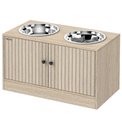 PawHut Elevated Dog Bowls with Storage Cabinet,  2 Stainless Steel Bowls, Slow Feeder, Dog Feeding Station for Large Dogs, Oak