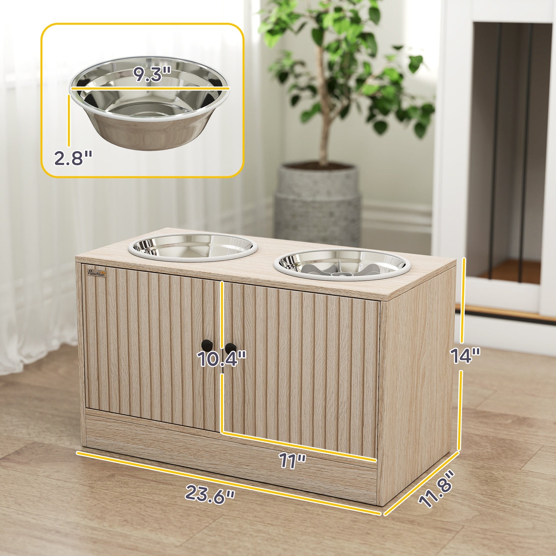 PawHut Elevated Dog Bowls with Storage Cabinet,  2 Stainless Steel Bowls, Slow Feeder, Dog Feeding Station for Large Dogs, Oak