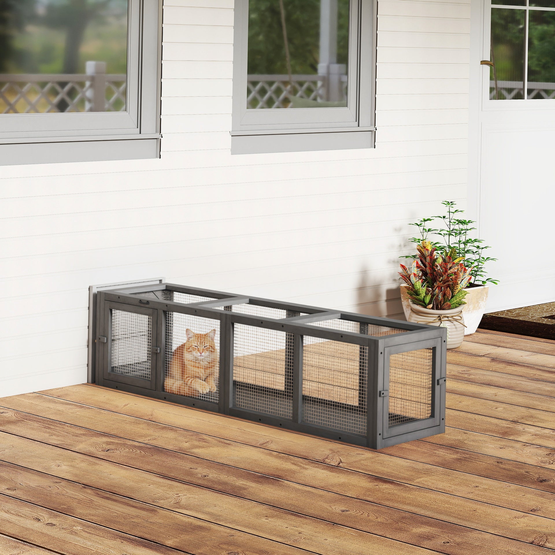 PawHut Outdoor Cat Tunnel, 59" Wooden Play Cat Enclosure, Extendable Pet Run with 3 Doors for Kitty, Puppy, Gray