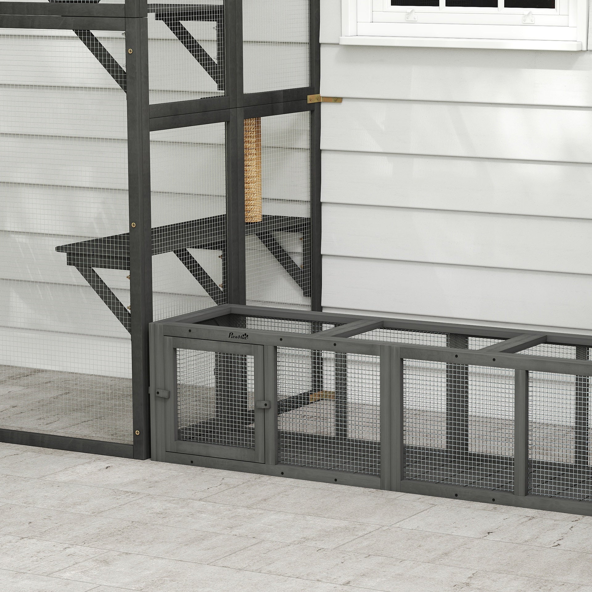 PawHut Outdoor Cat Tunnel, 59" Wooden Play Cat Enclosure, Extendable Pet Run with 3 Doors for Kitty, Puppy, Gray