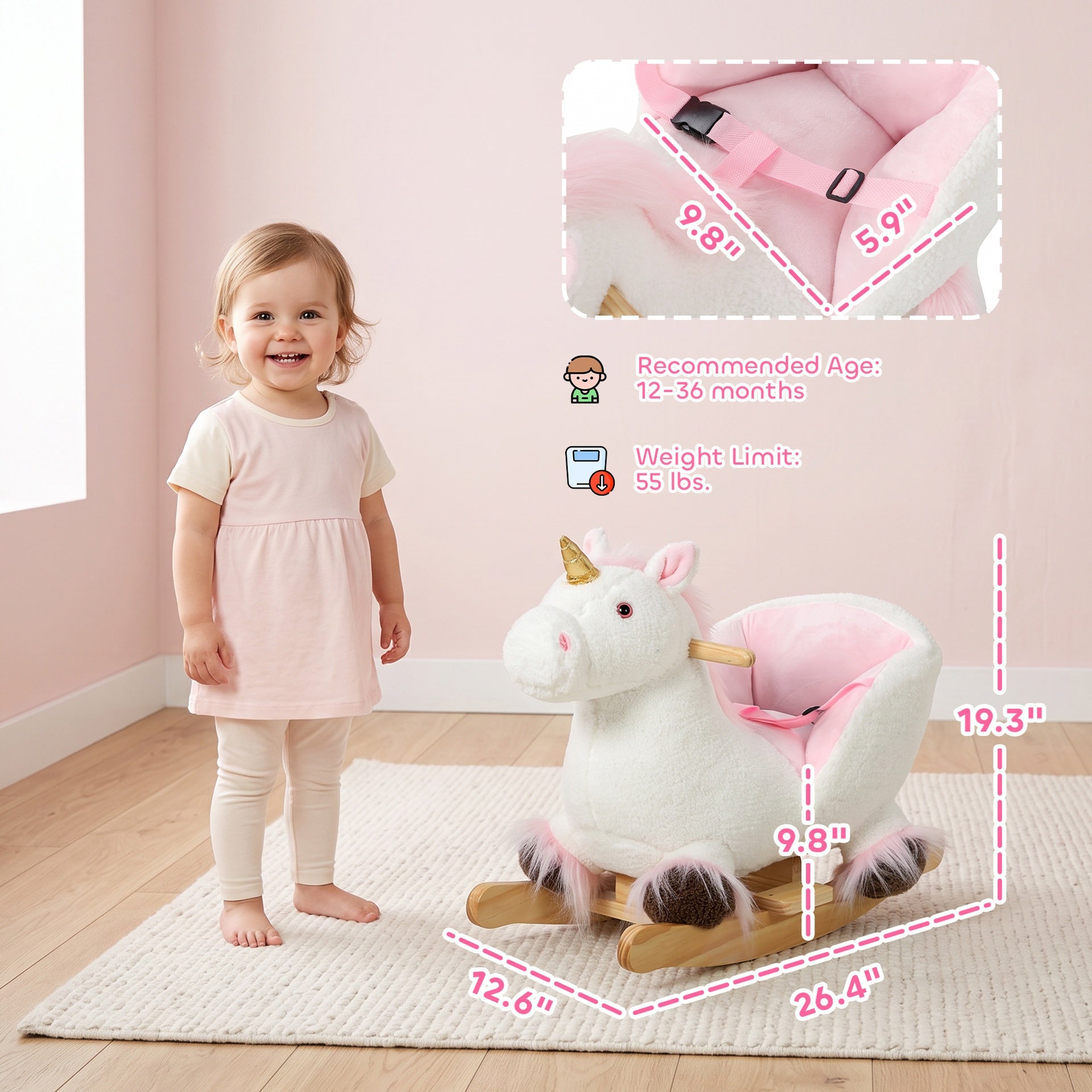 Qaba Unicorn Baby Rocking Horse, Kids Ride on Toy with Realistic Sound, Seat Belt for Toddlers 12-36 Months, White