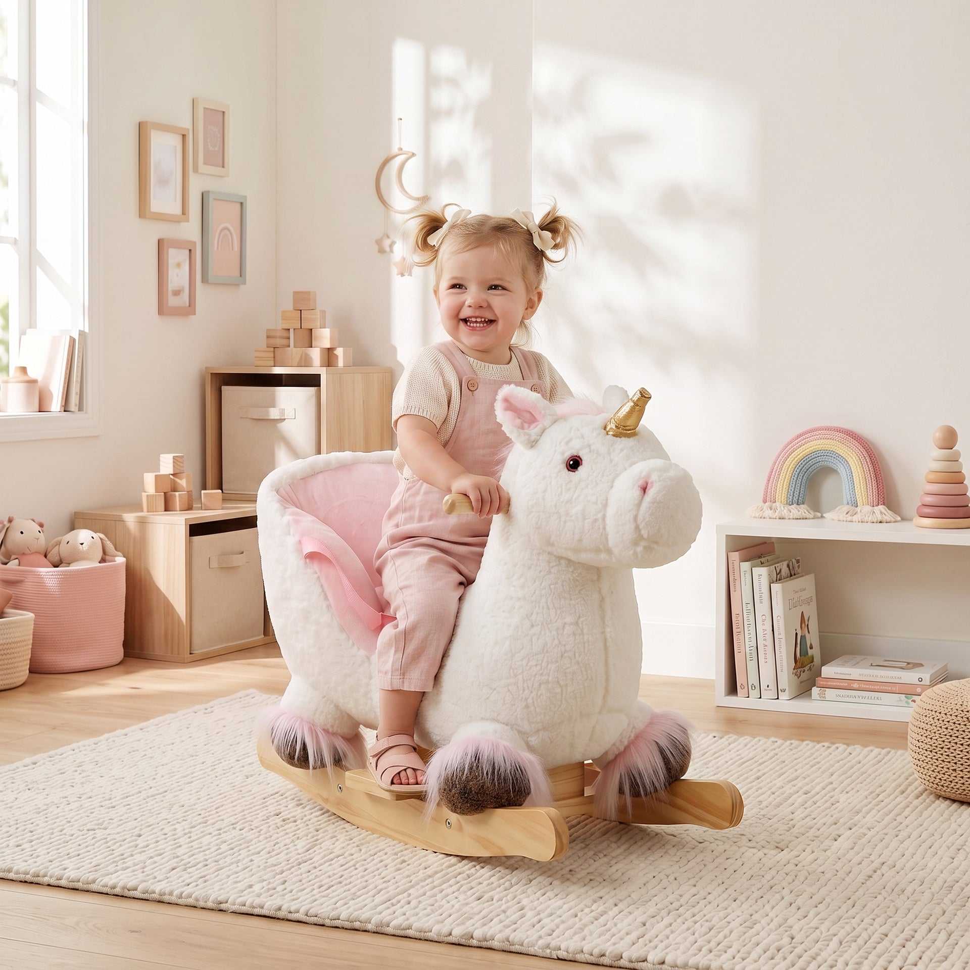 Qaba Unicorn Baby Rocking Horse, Kids Ride on Toy with Realistic Sound, Seat Belt for Toddlers 12-36 Months, White