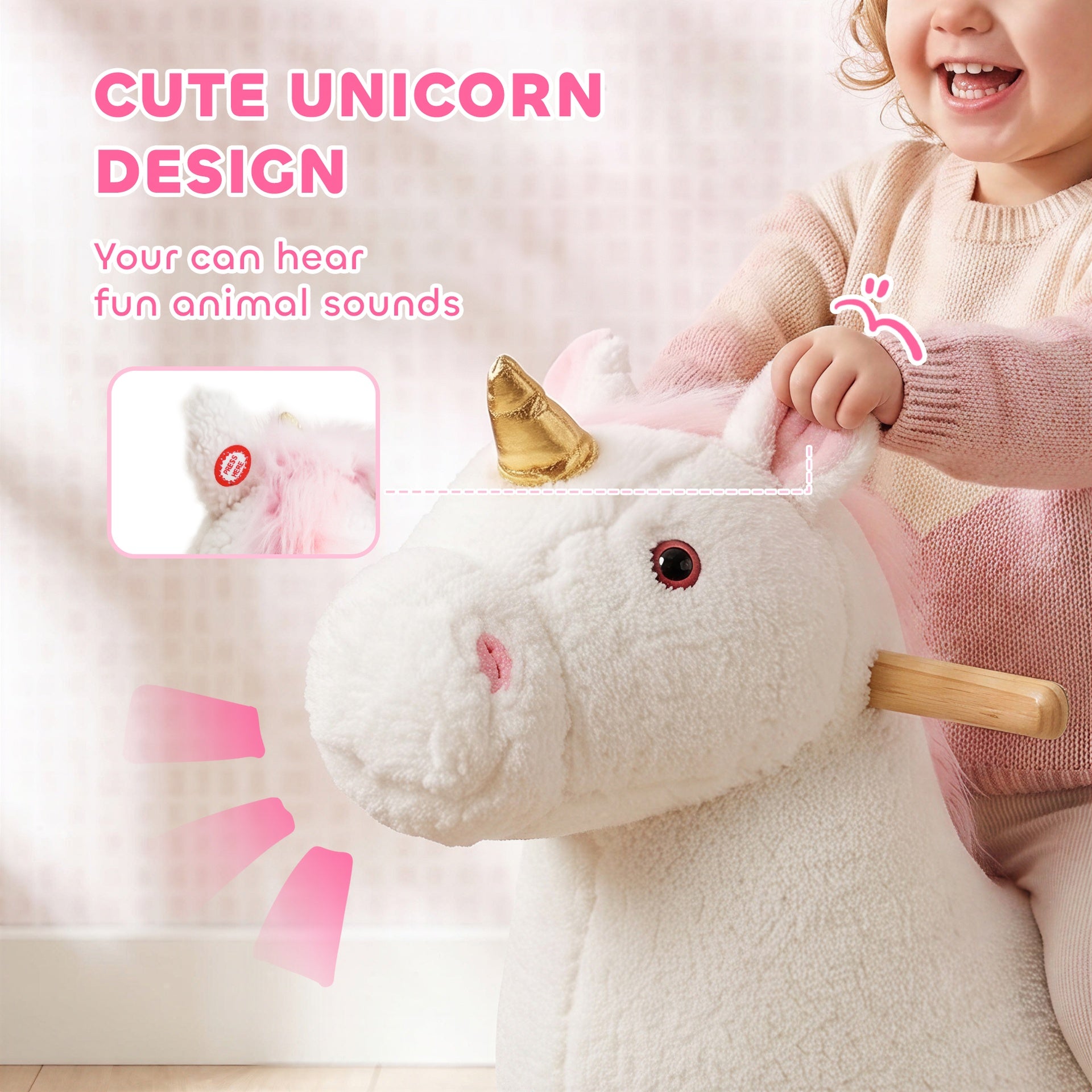 Qaba Unicorn Baby Rocking Horse, Kids Ride on Toy with Realistic Sound, Seat Belt for Toddlers 12-36 Months, White