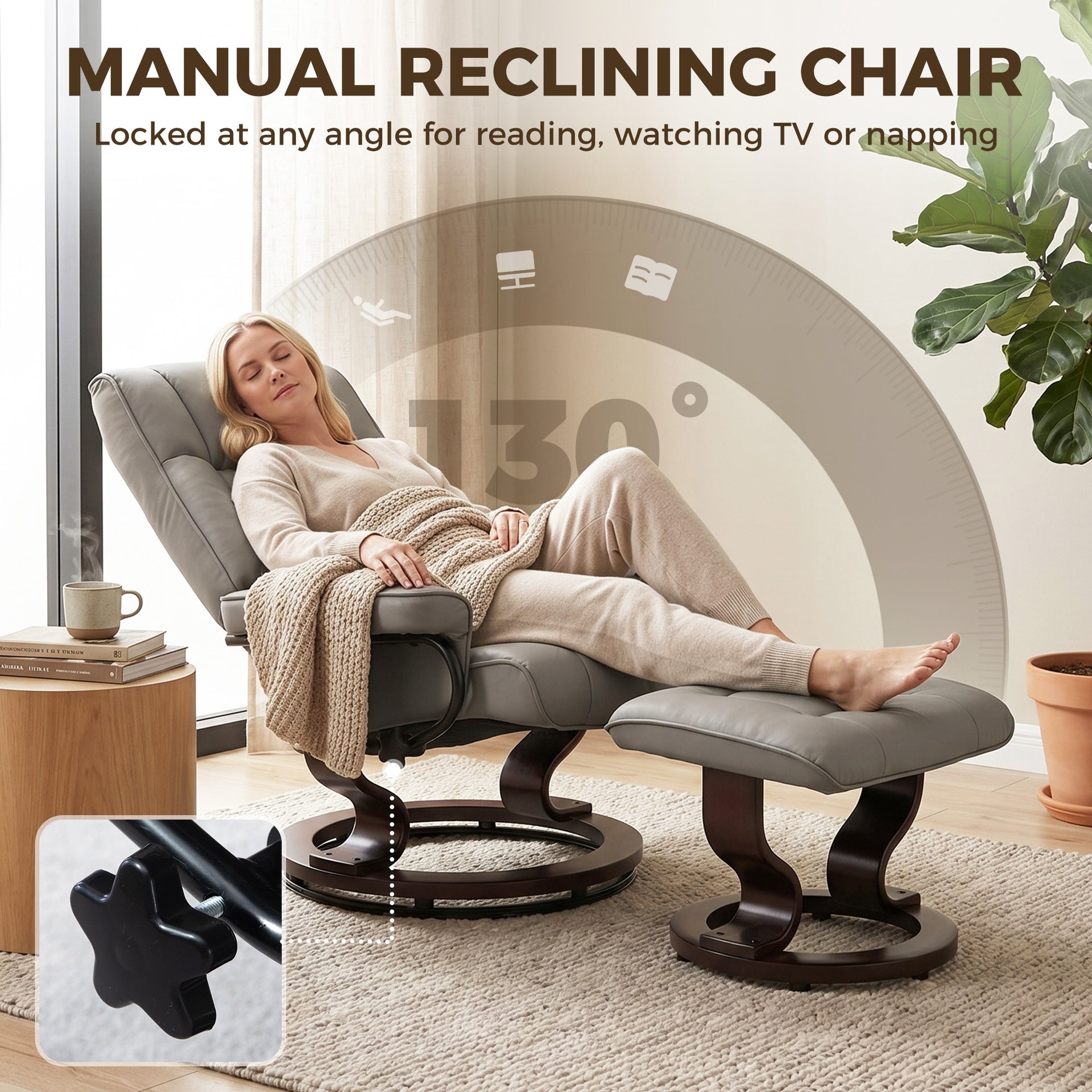 HOMCOM Faux Leather Reclining Chair with Ottoman, Manual Recliner with Tufted Back and Wood Frame for Living Room, Gray