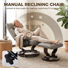 HOMCOM Faux Leather Reclining Chair with Ottoman, Manual Recliner with Tufted Back and Wood Frame for Living Room, Gray