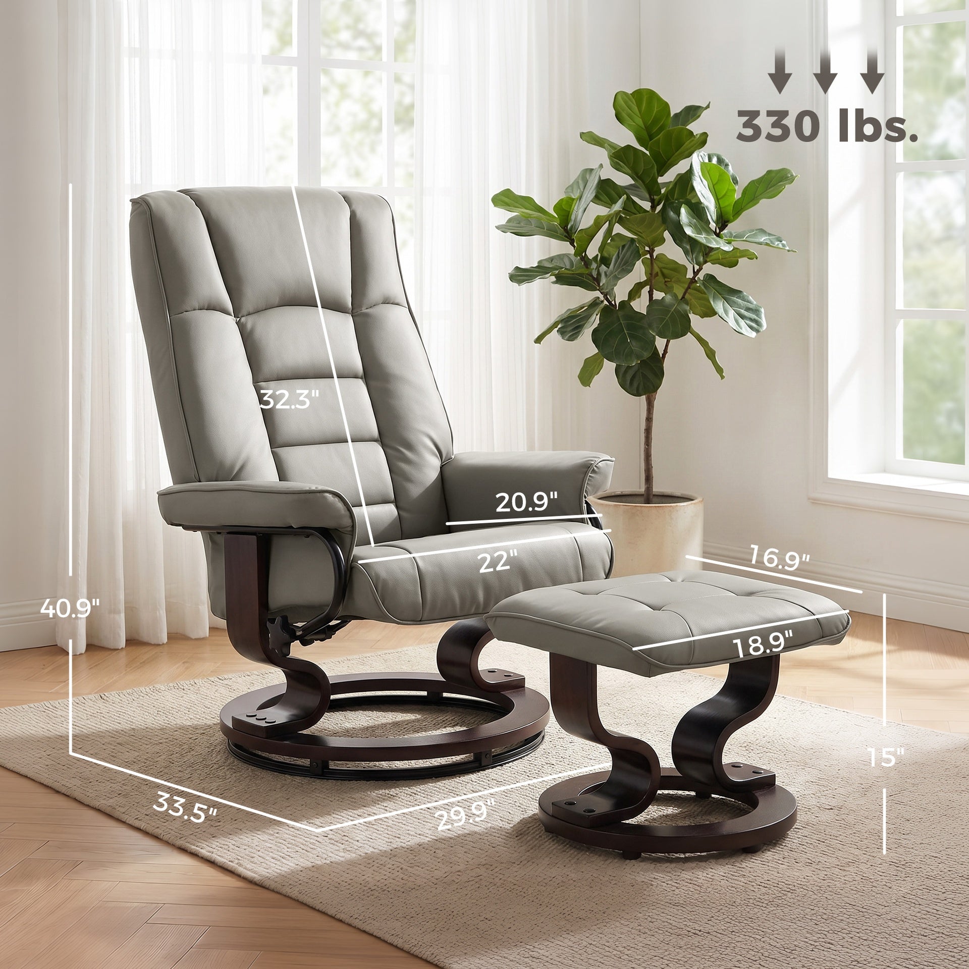 HOMCOM Faux Leather Reclining Chair with Ottoman, Manual Recliner with Tufted Back and Wood Frame for Living Room, Gray