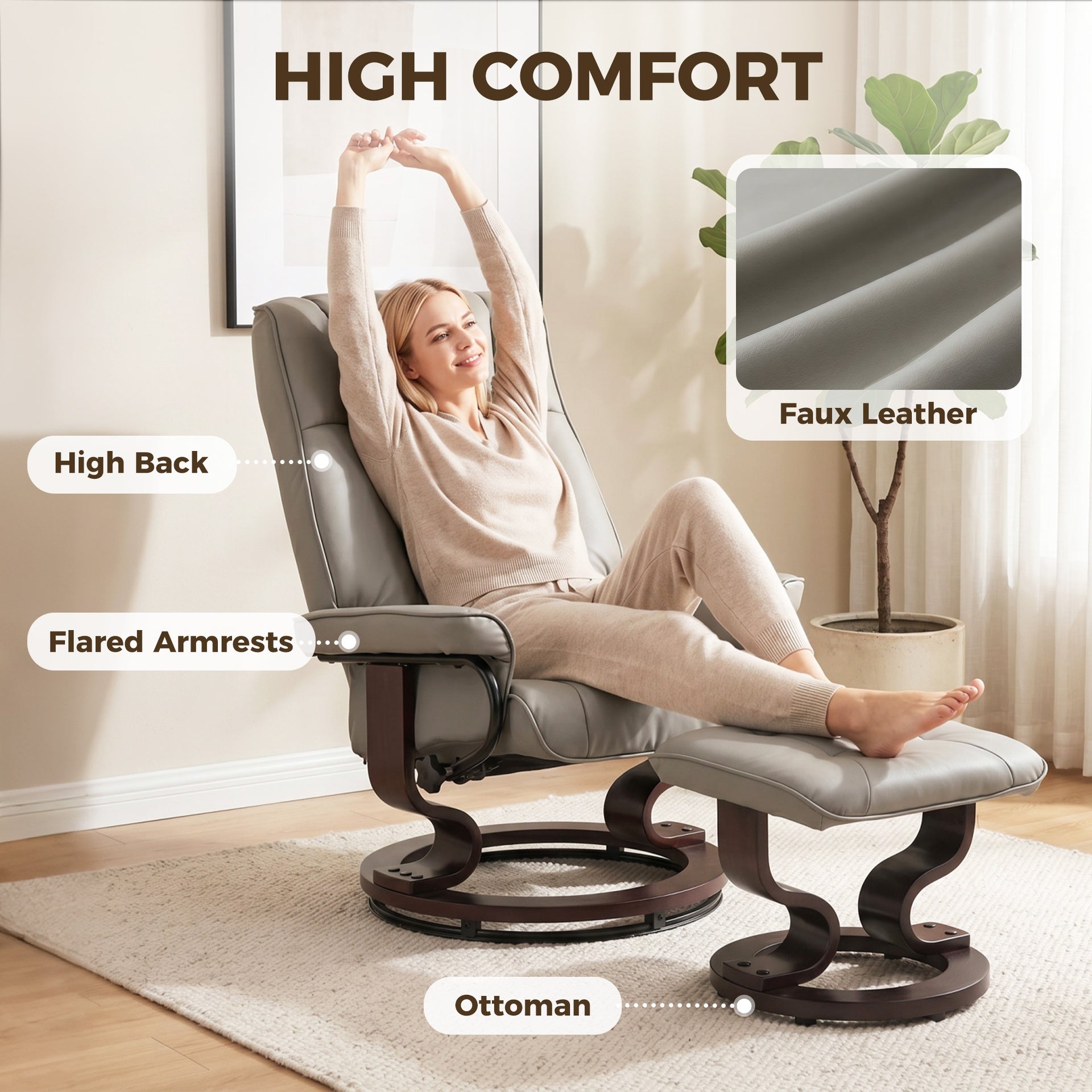 HOMCOM Faux Leather Reclining Chair with Ottoman, Manual Recliner with Tufted Back and Wood Frame for Living Room, Gray