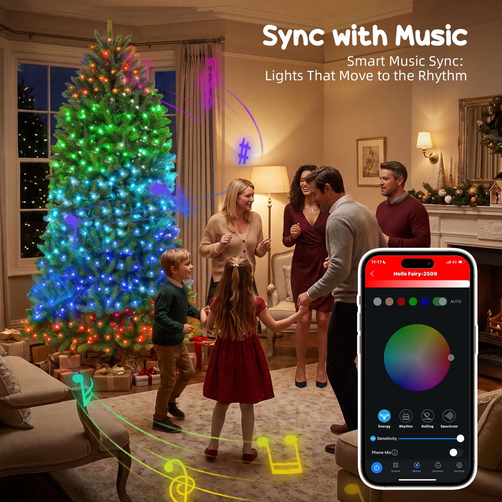 HOMCOM 7.5ft Prelit Christmas Tree with Full-Spectrum LEDs, Smart App Control, Wide Full Hinged Xmas Tree, Easy Assembly