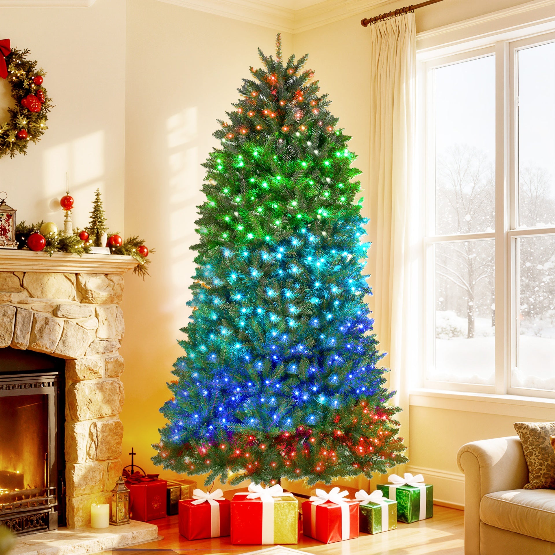 HOMCOM 7.5ft Prelit Christmas Tree with Full-Spectrum LEDs, Smart App Control, Wide Full Hinged Xmas Tree, Easy Assembly