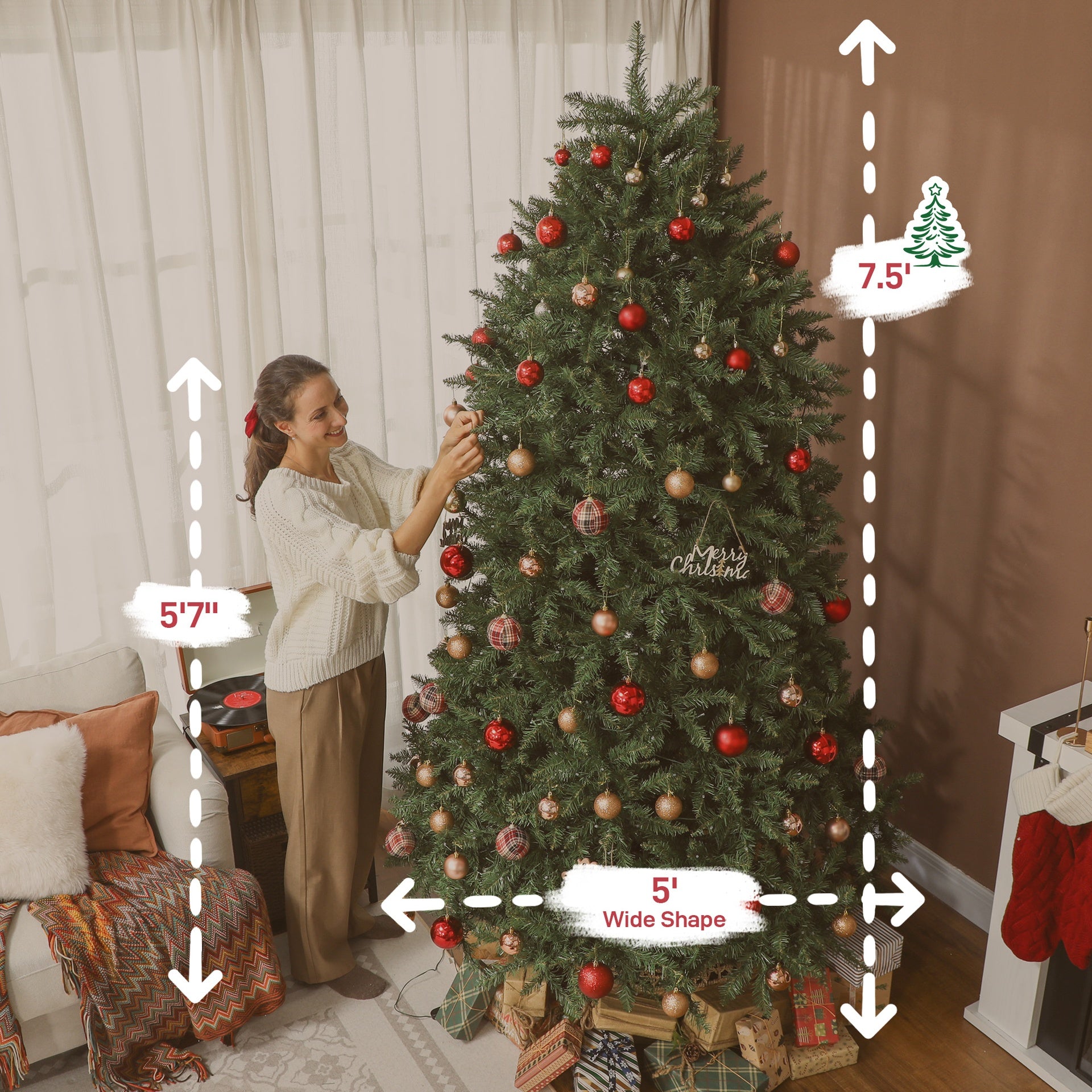 HOMCOM 7.5ft Prelit Christmas Tree with Full-Spectrum LEDs, Smart App Control, Wide Full Hinged Xmas Tree, Easy Assembly