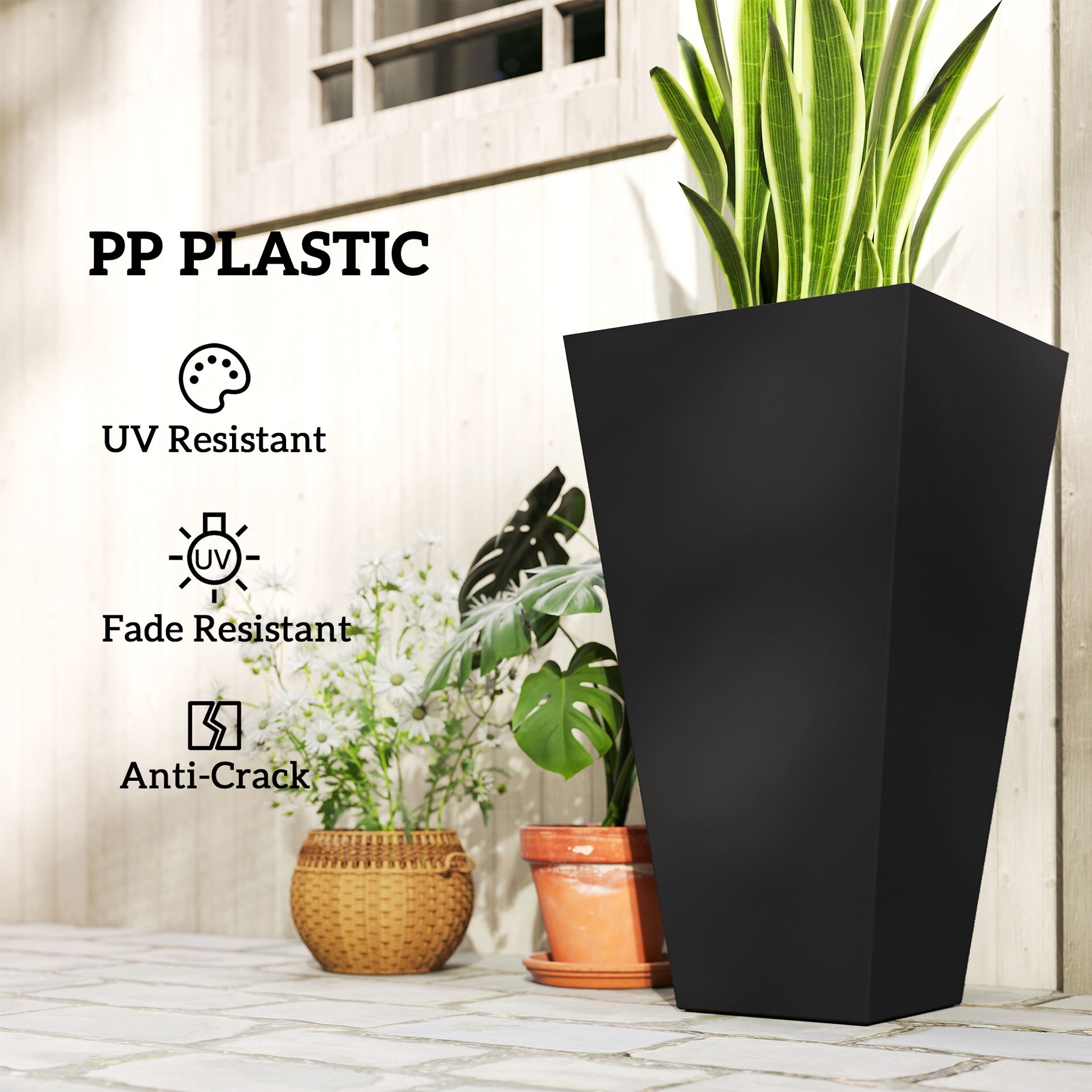 Outsunny Tall Planters for Outdoor Plants Set of 3, 28 In Taper Planters with Drainage Holes, Indoor Grande Plant Pots, Front Porch Decor, Black