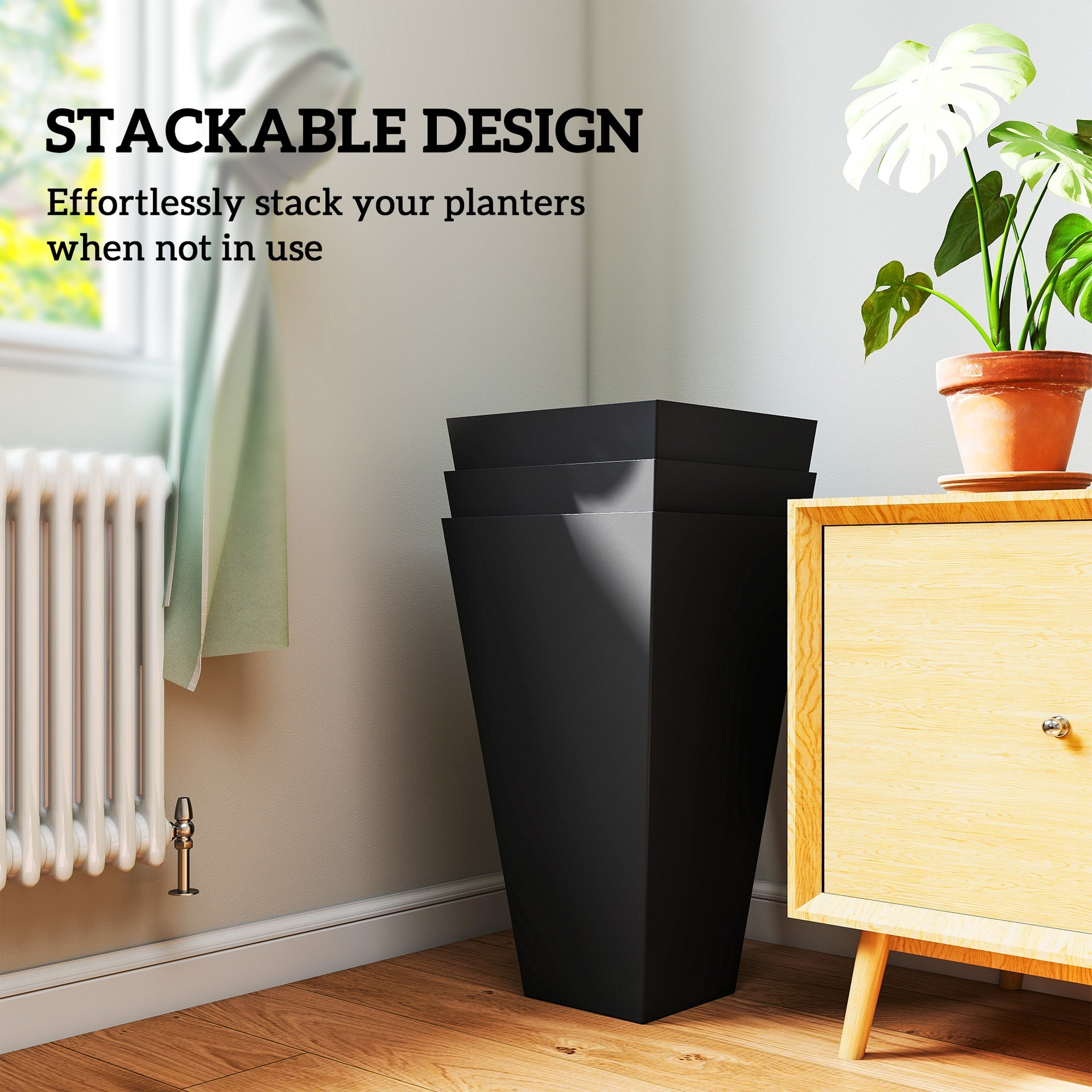 Outsunny Tall Planters for Outdoor Plants Set of 3, 28 In Taper Planters with Drainage Holes, Indoor Grande Plant Pots, Front Porch Decor, Black