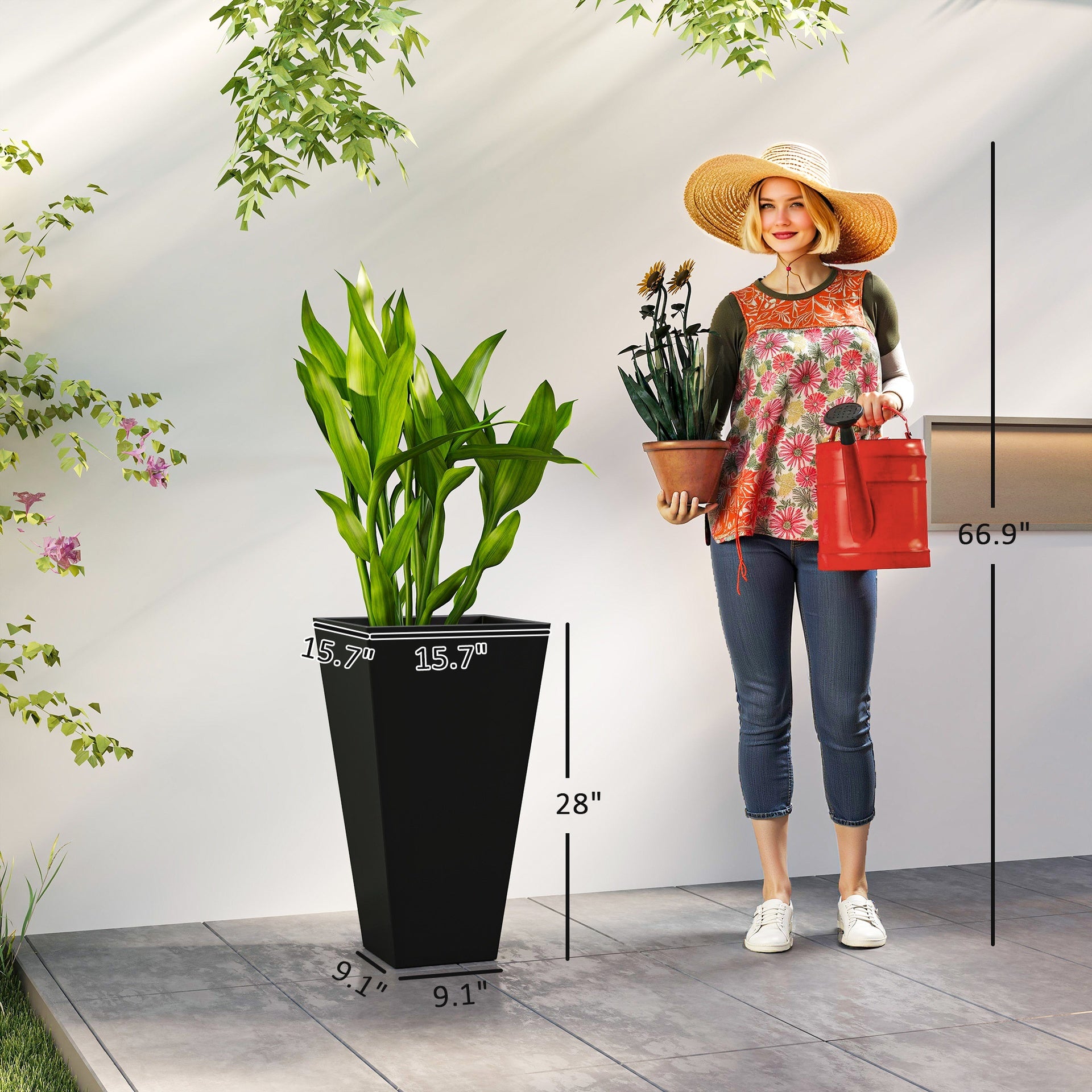 Outsunny Tall Planters for Outdoor Plants Set of 3, 28 In Taper Planters with Drainage Holes, Indoor Grande Plant Pots, Front Porch Decor, Black