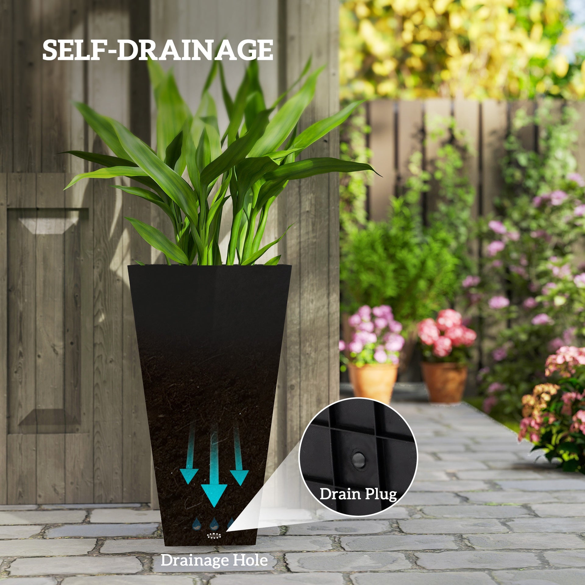 Outsunny Tall Planters for Outdoor Plants Set of 3, 28 In Taper Planters with Drainage Holes, Indoor Grande Plant Pots, Front Porch Decor, Black