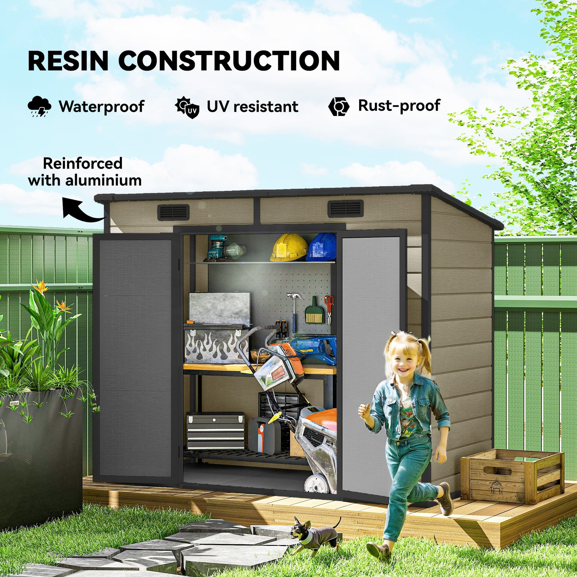 Outsunny 8' x 4' Plastic Outdoor Storage Shed with Floor, Window, Lockable Doors and Vents for Backyard Patio Lawn, Light Brown