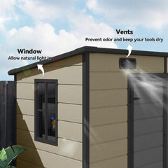 Outsunny 8' x 4' Plastic Outdoor Storage Shed with Floor, Window, Lockable Doors and Vents for Backyard Patio Lawn, Light Brown