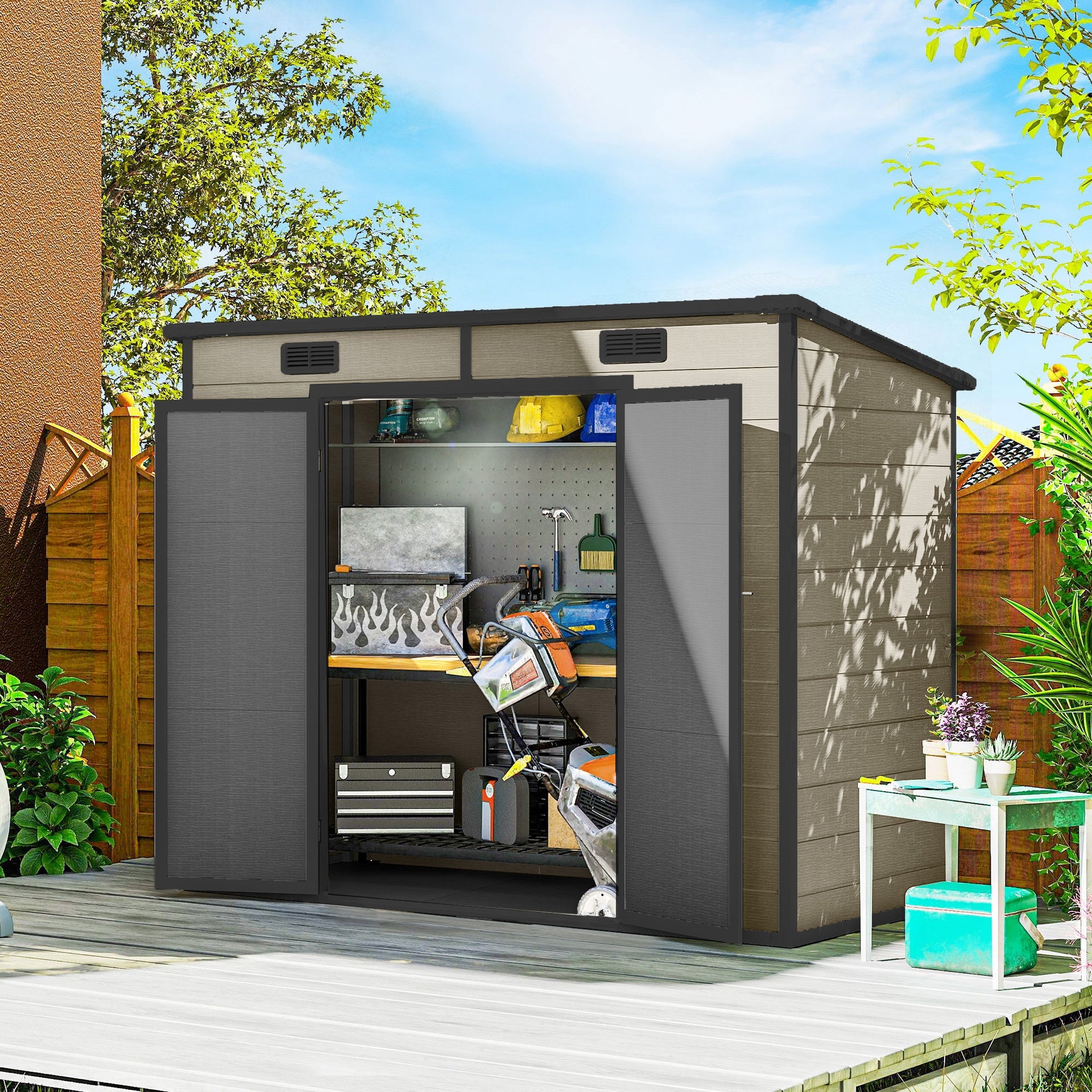 Outsunny 8' x 4' Plastic Outdoor Storage Shed with Floor, Window, Lockable Doors and Vents for Backyard Patio Lawn, Light Brown