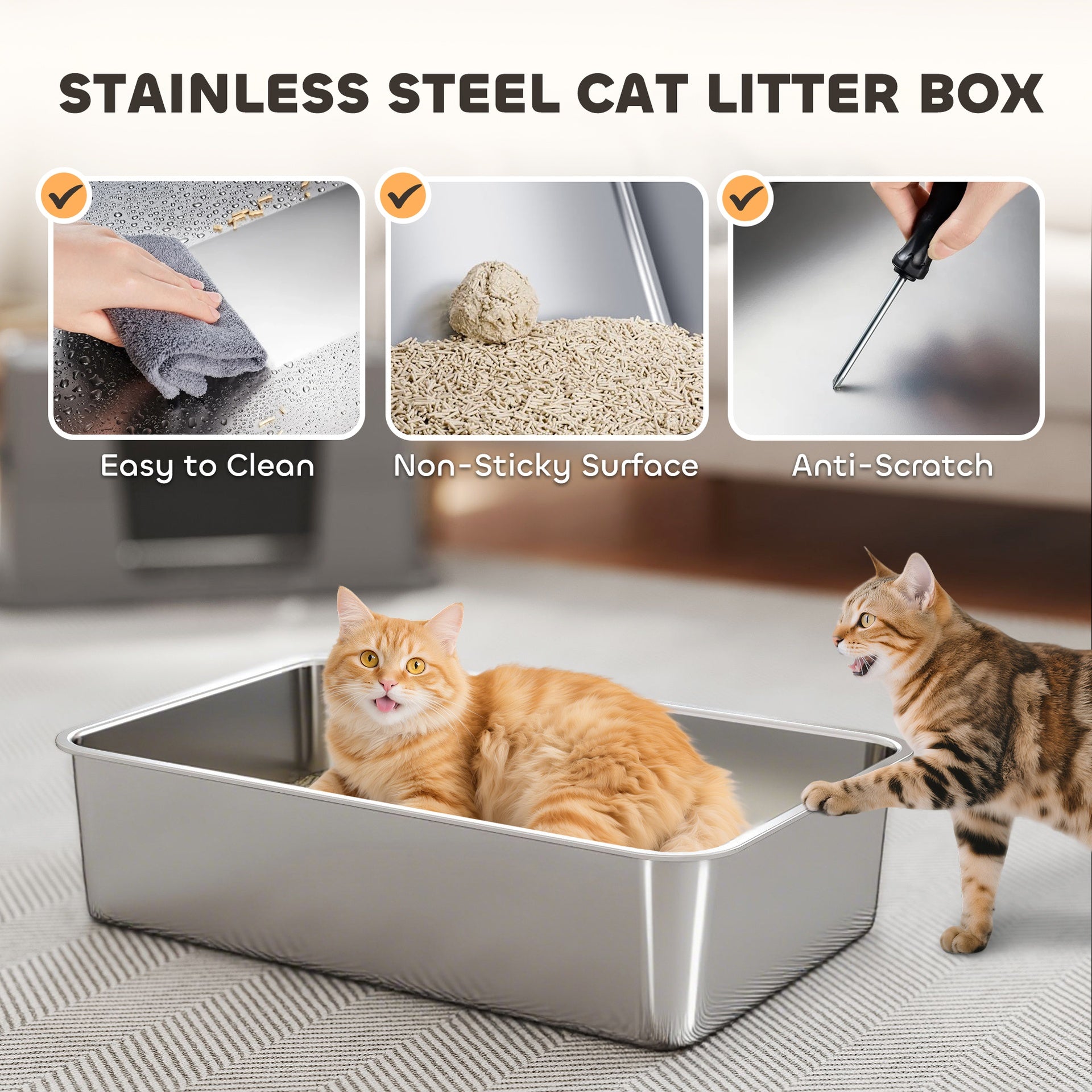 PawHut XL Stainless Steel Litter Box w/ 100° Flip Top, Scoop, Top & Side Entry Enclosed Litter Box for Big Cats