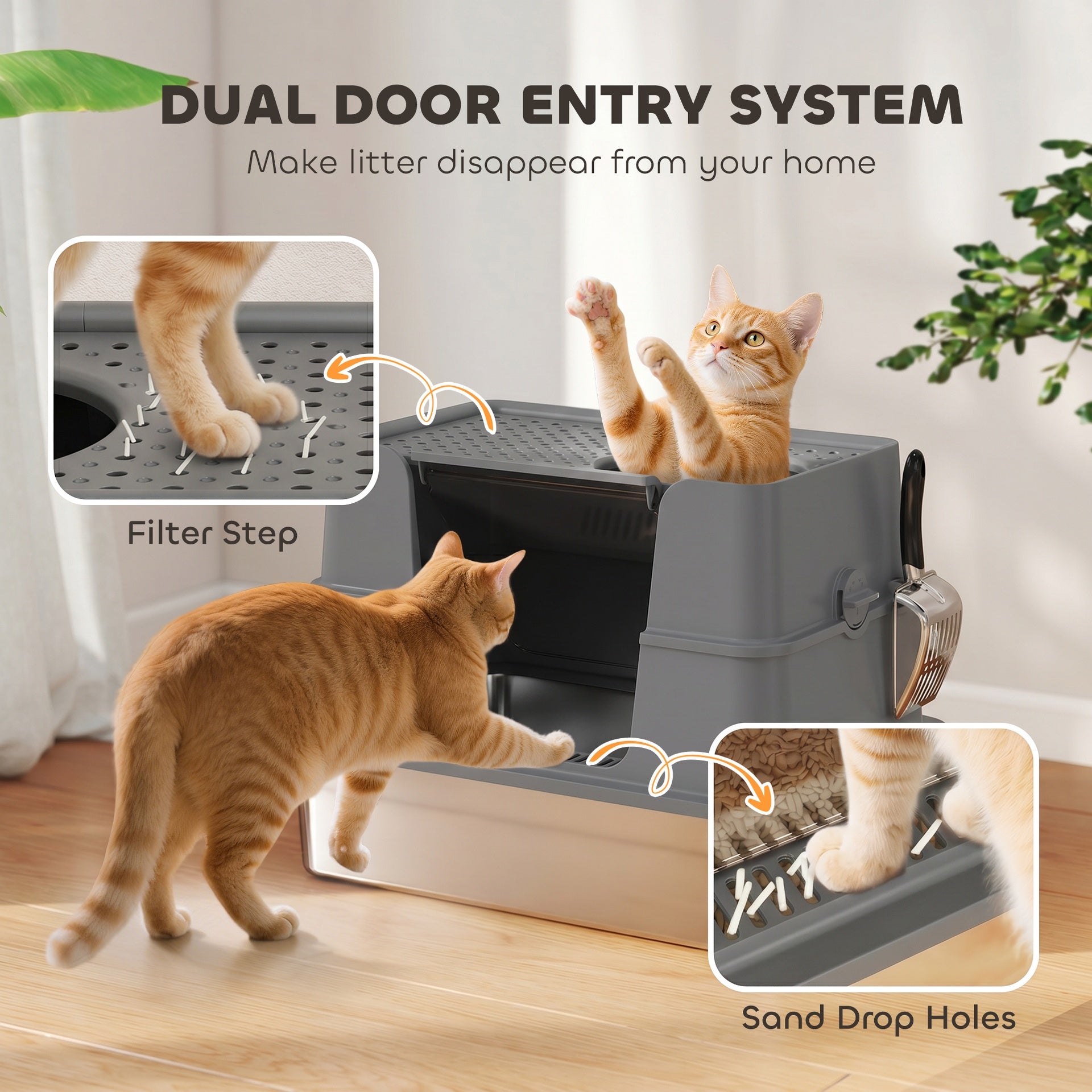 PawHut XL Stainless Steel Litter Box w/ 100° Flip Top, Scoop, Top & Side Entry Enclosed Litter Box for Big Cats
