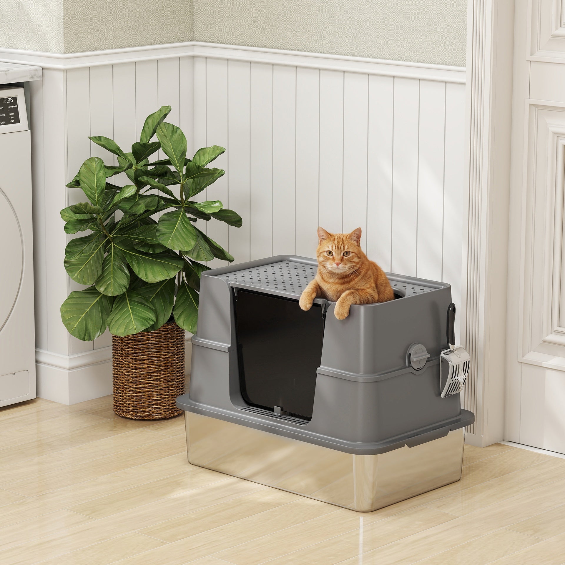 PawHut XL Stainless Steel Litter Box w/ 100° Flip Top, Scoop, Top & Side Entry Enclosed Litter Box for Big Cats
