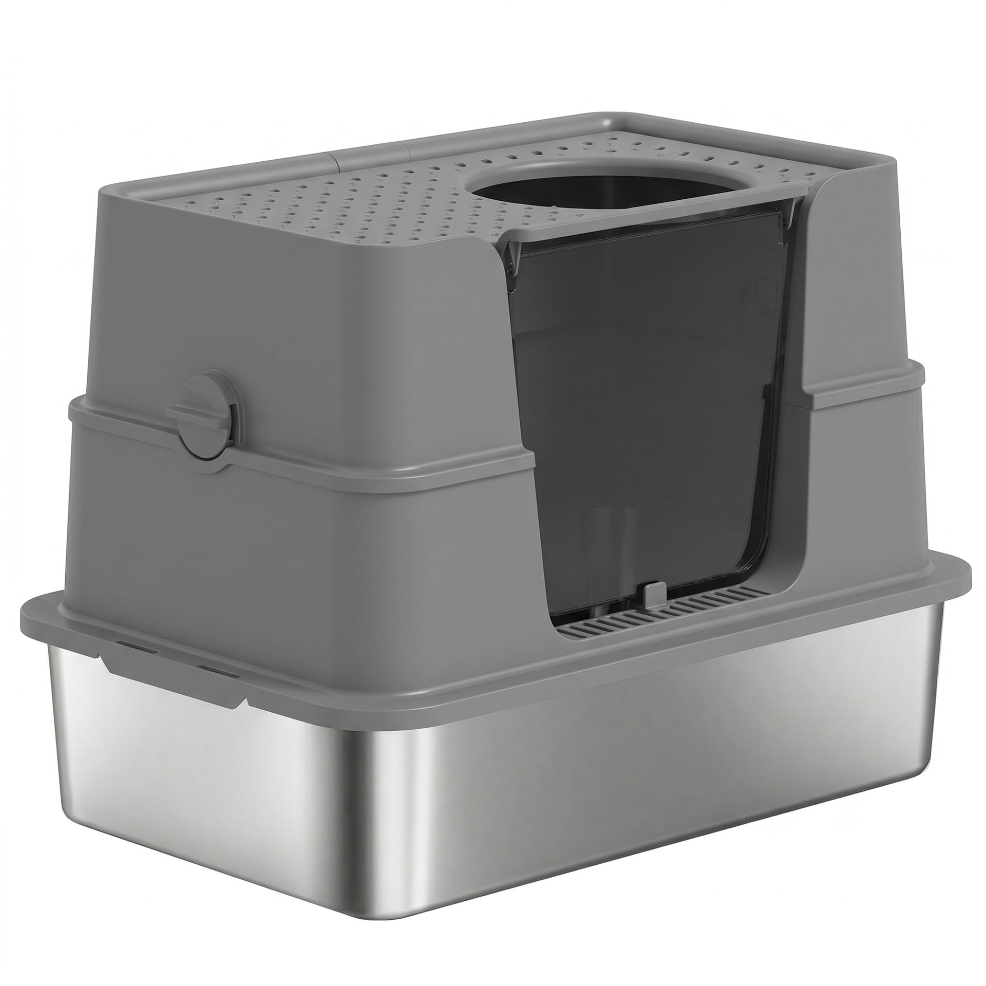 PawHut XL Stainless Steel Litter Box w/ 100° Flip Top, Scoop, Top & Side Entry Enclosed Litter Box for Big Cats