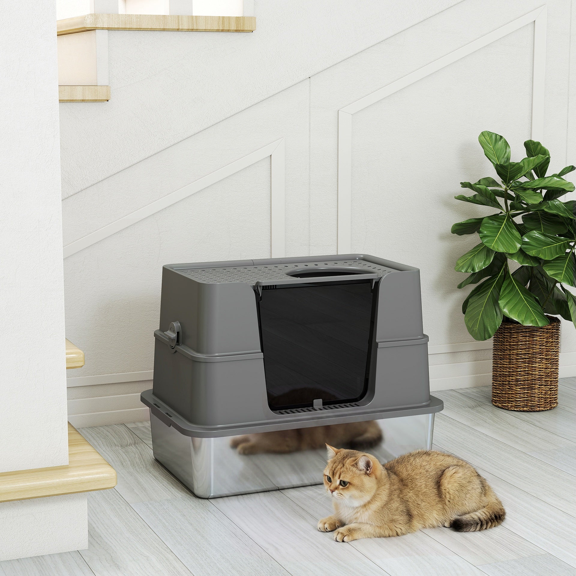 PawHut XL Stainless Steel Litter Box w/ 100° Flip Top, Scoop, Top & Side Entry Enclosed Litter Box for Big Cats