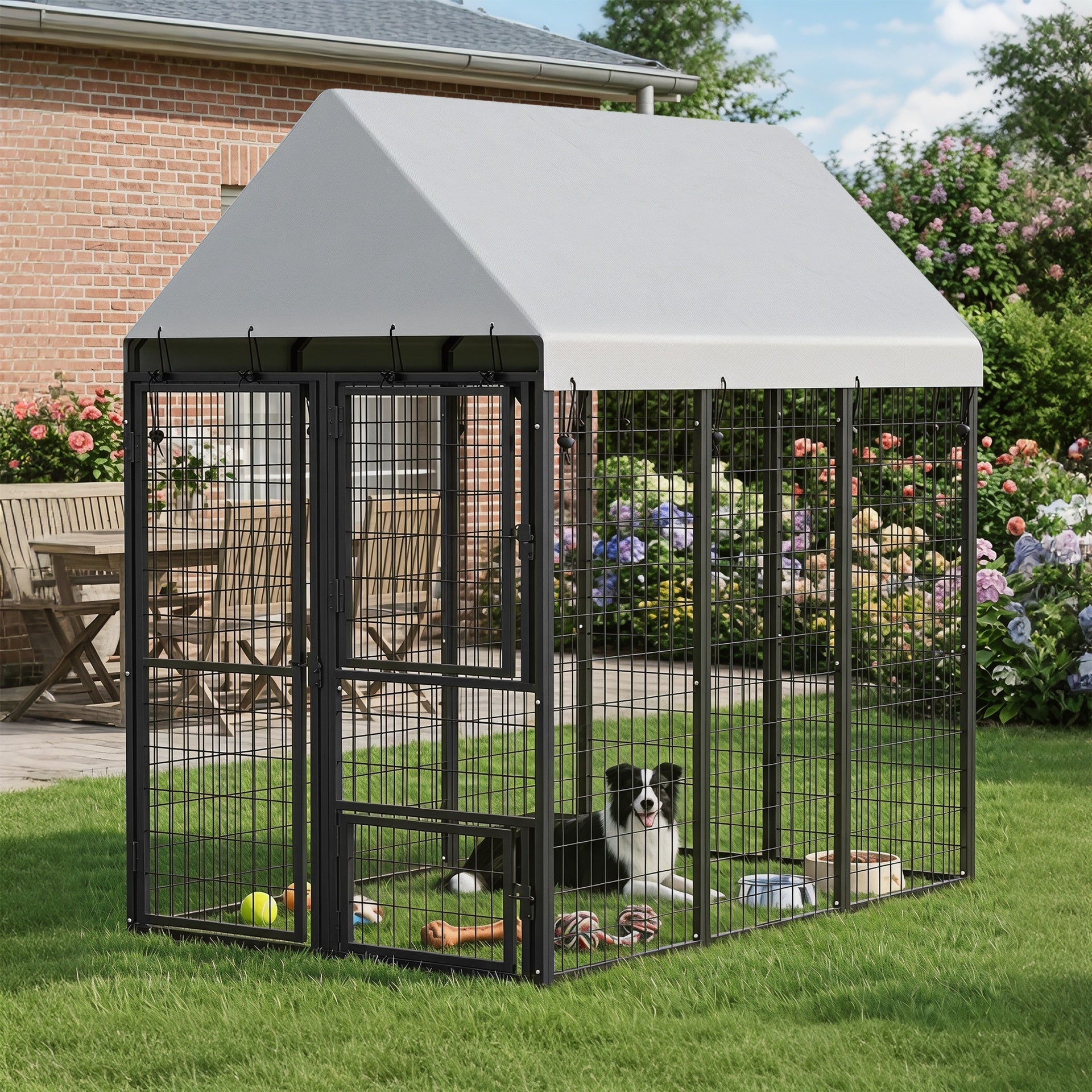 PawHut Large Dog Kennel Outdoor with Roof, 3 Doors, Expandable Heavy Duty Dog Kennel Dog Run for All Breed Sizes, 6' x 4' x 6'