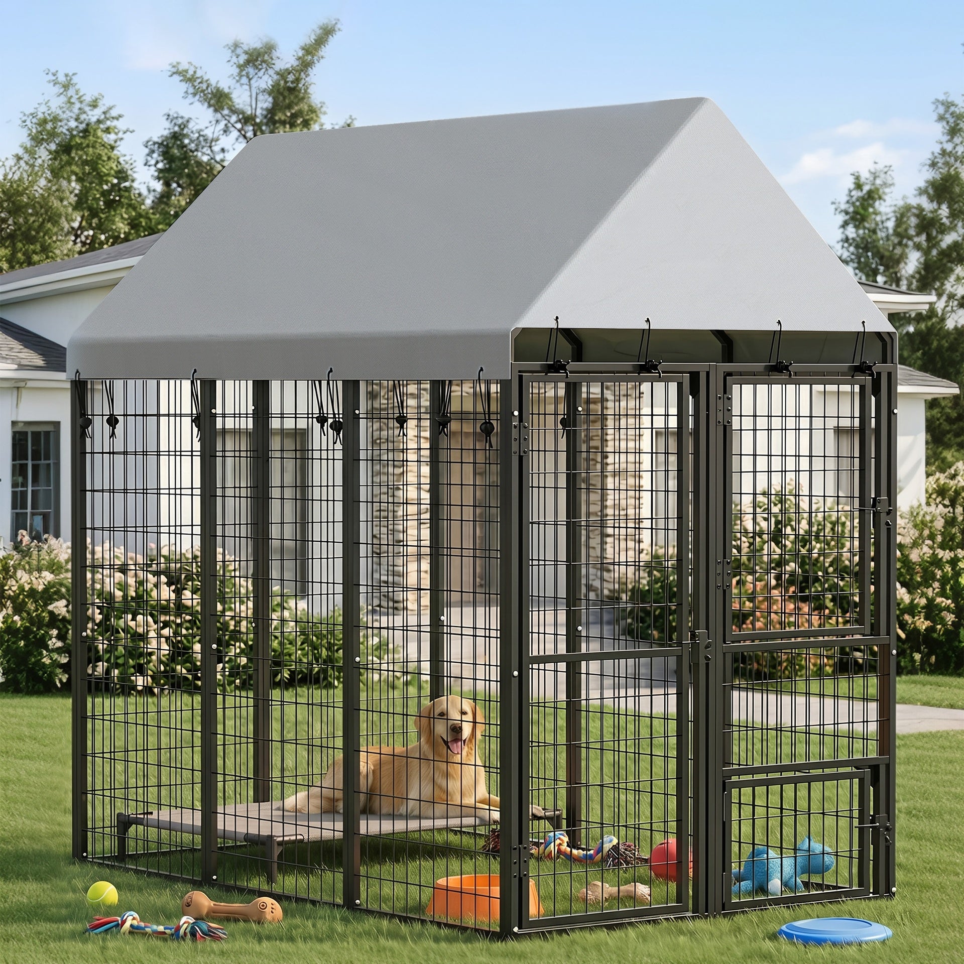 PawHut Large Dog Kennel Outdoor with Roof, 3 Doors, Expandable Heavy Duty Dog Kennel Dog Run for All Breed Sizes, 6' x 4' x 6'