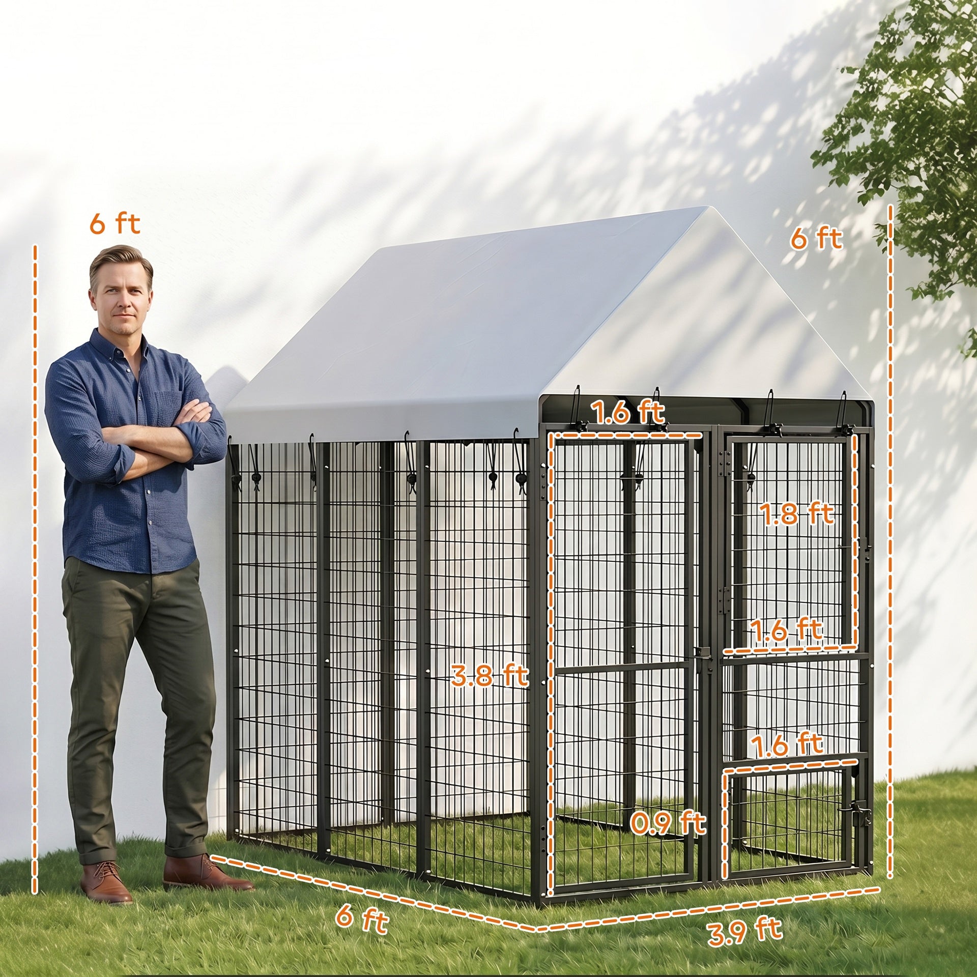 PawHut Large Dog Kennel Outdoor with Roof, 3 Doors, Expandable Heavy Duty Dog Kennel Dog Run for All Breed Sizes, 6' x 4' x 6'