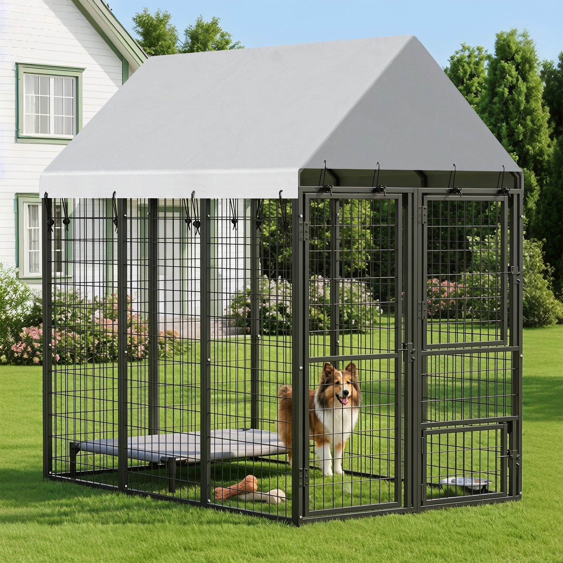 PawHut Large Dog Kennel Outdoor with Roof, 3 Doors, Expandable Heavy Duty Dog Kennel Dog Run for All Breed Sizes, 6' x 4' x 6'