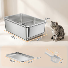 PawHut Stainless Steel Litter Box, XL Sifting Cat Litter Box for Medium, Large Cat, Non-Sticky, Odour Free, Easy Clean, Silver