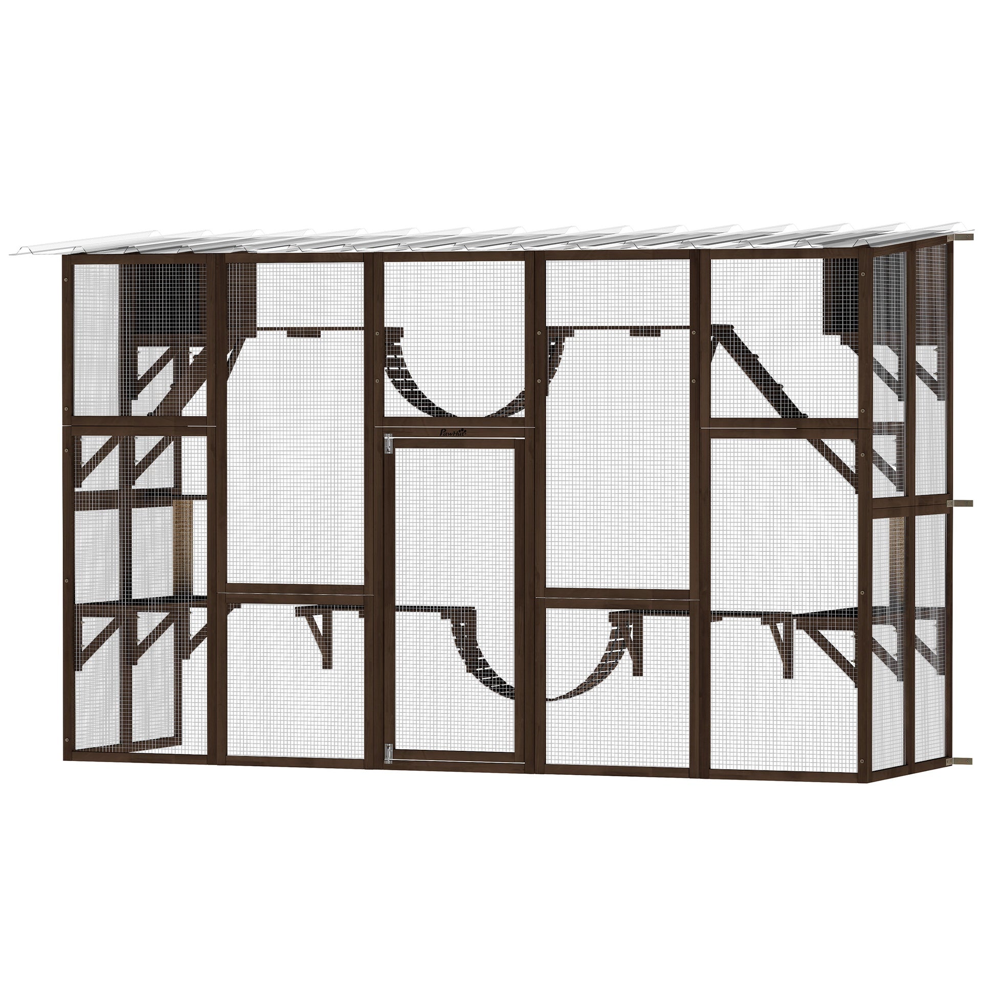 PawHut Catio Playground Cat Window Box Outside Enclosure for Multiple Cats w/ Shelves & Bridges, Coffee Brown