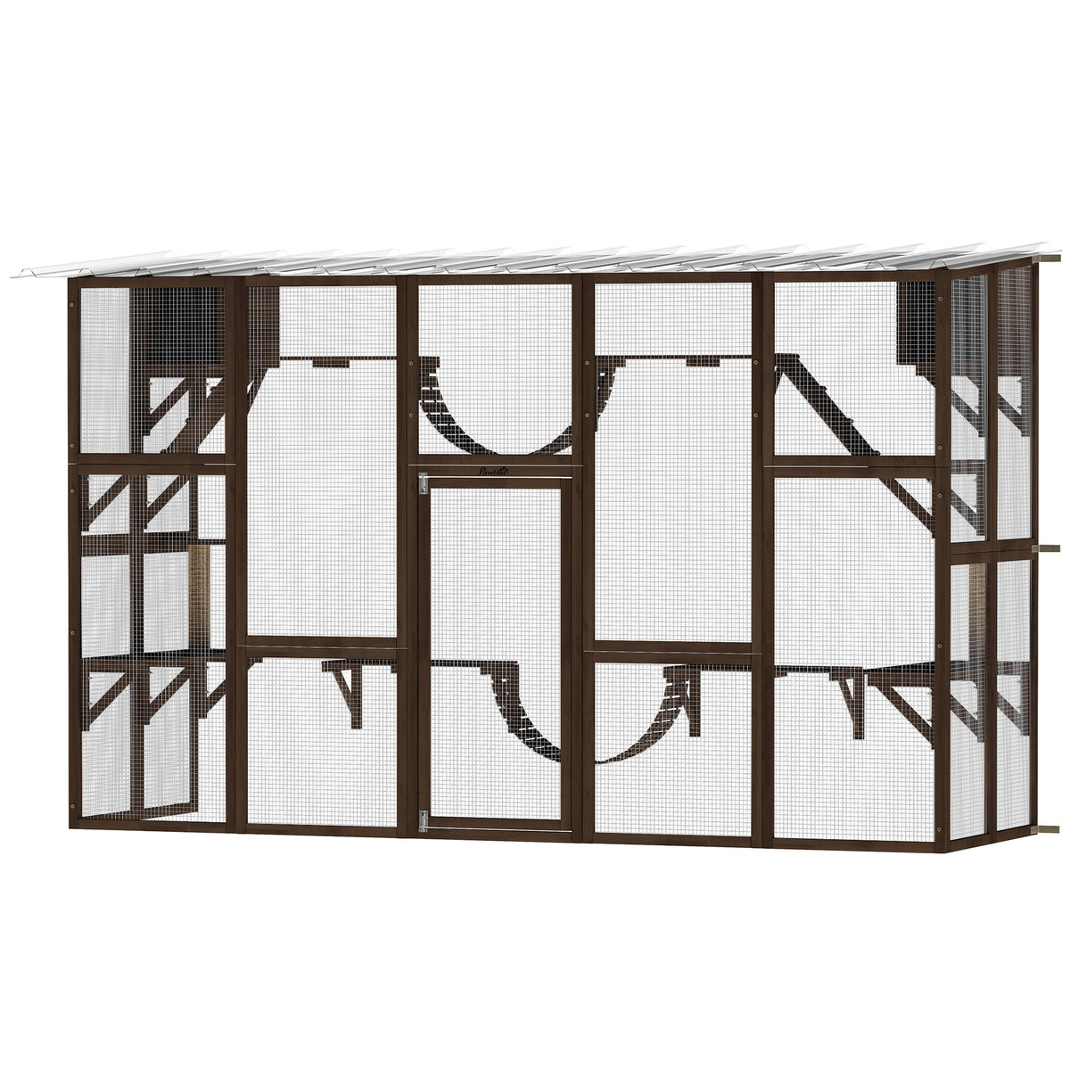 PawHut Catio Playground Cat Window Box Outside Enclosure for Multiple Cats w/ Shelves & Bridges, Coffee Brown